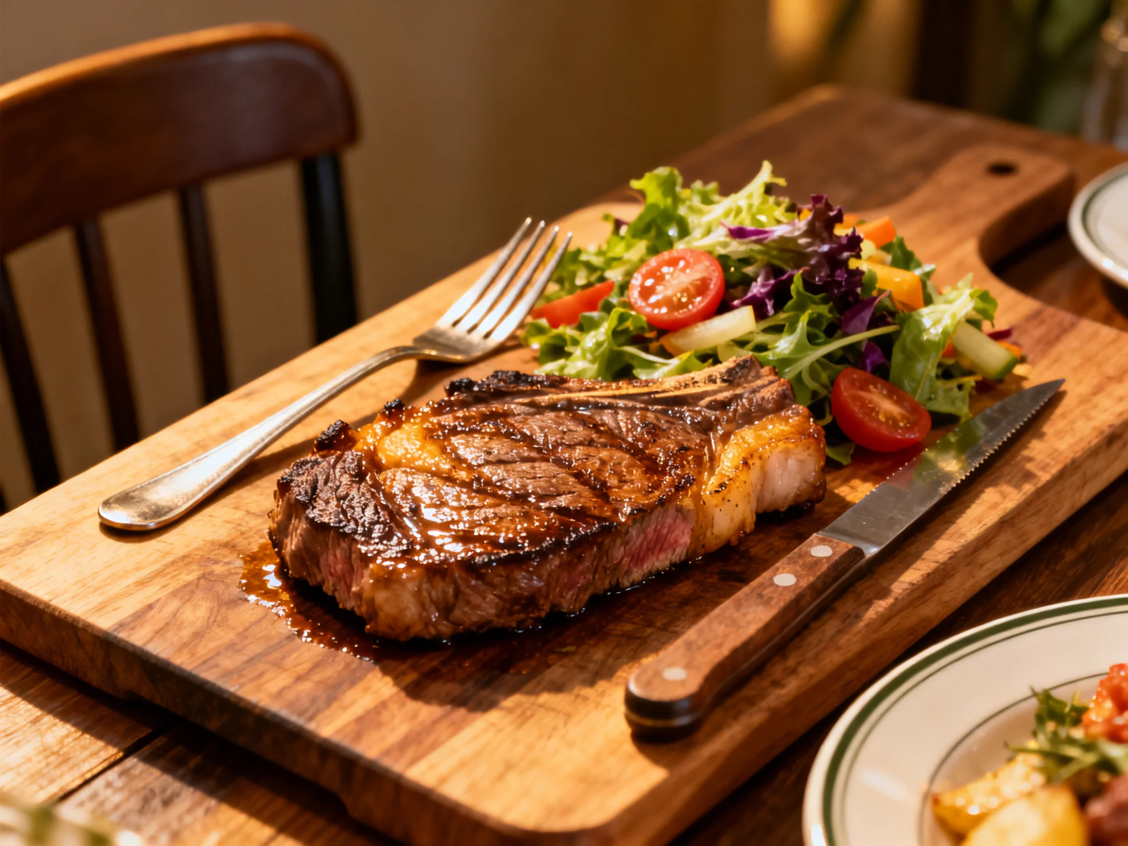 A grilled ribeye steak with mixed greens on a wooden serving board