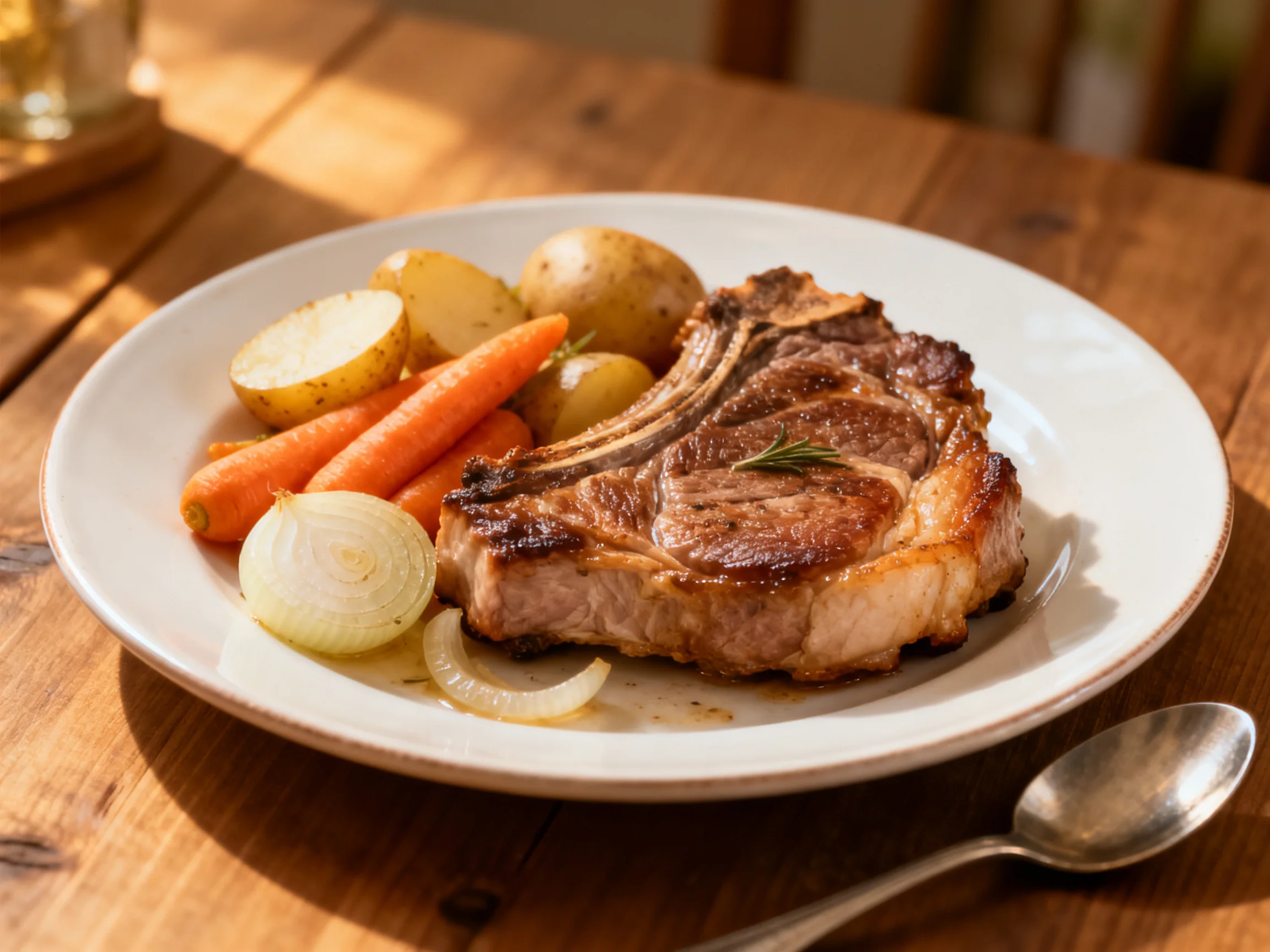 A grilled ribeye steak with roasted vegetables on a white plate