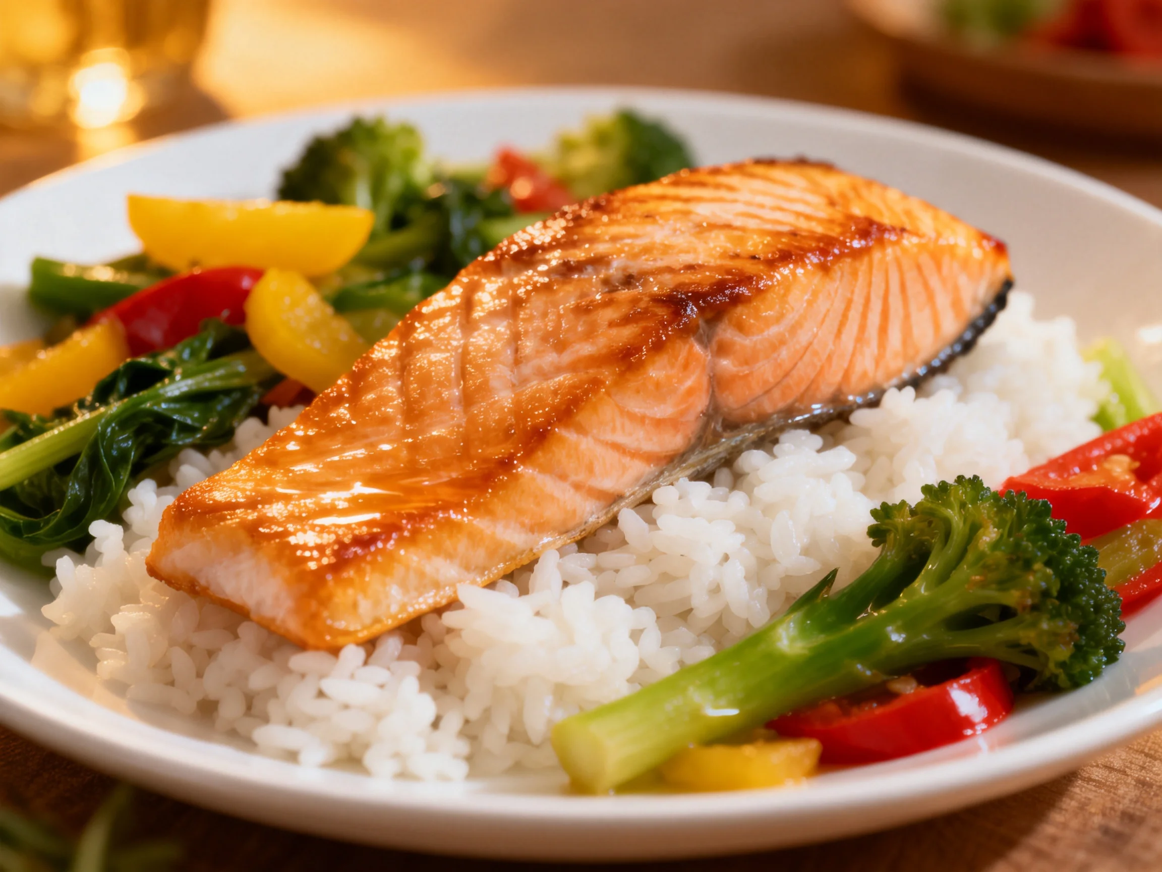 A grilled salmon fillet served over white rice with mixed vegetables