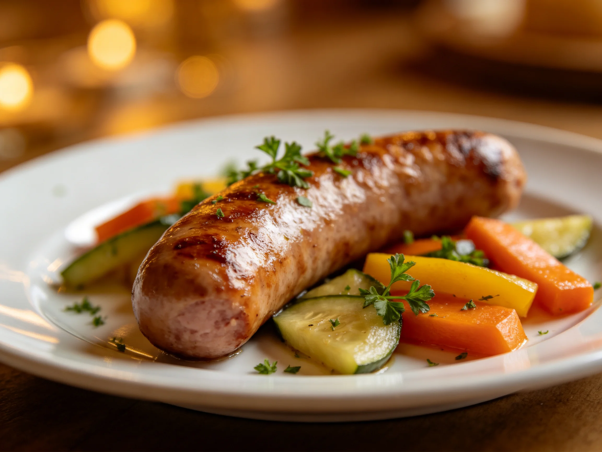 A grilled sausage served with roasted zucchini, carrot, and bell pepper
