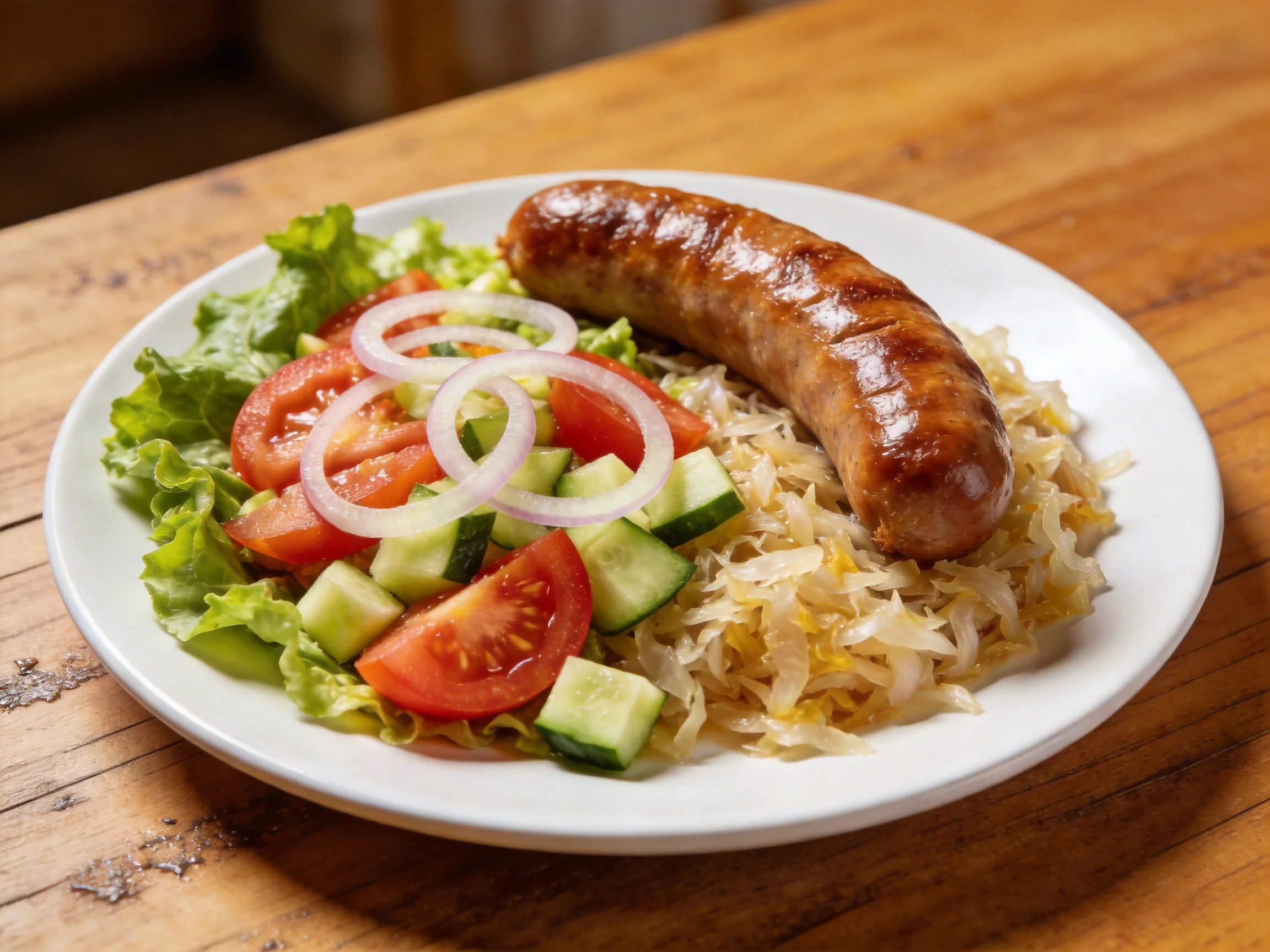 A grilled sausage served with sauerkraut and fresh vegetable salad