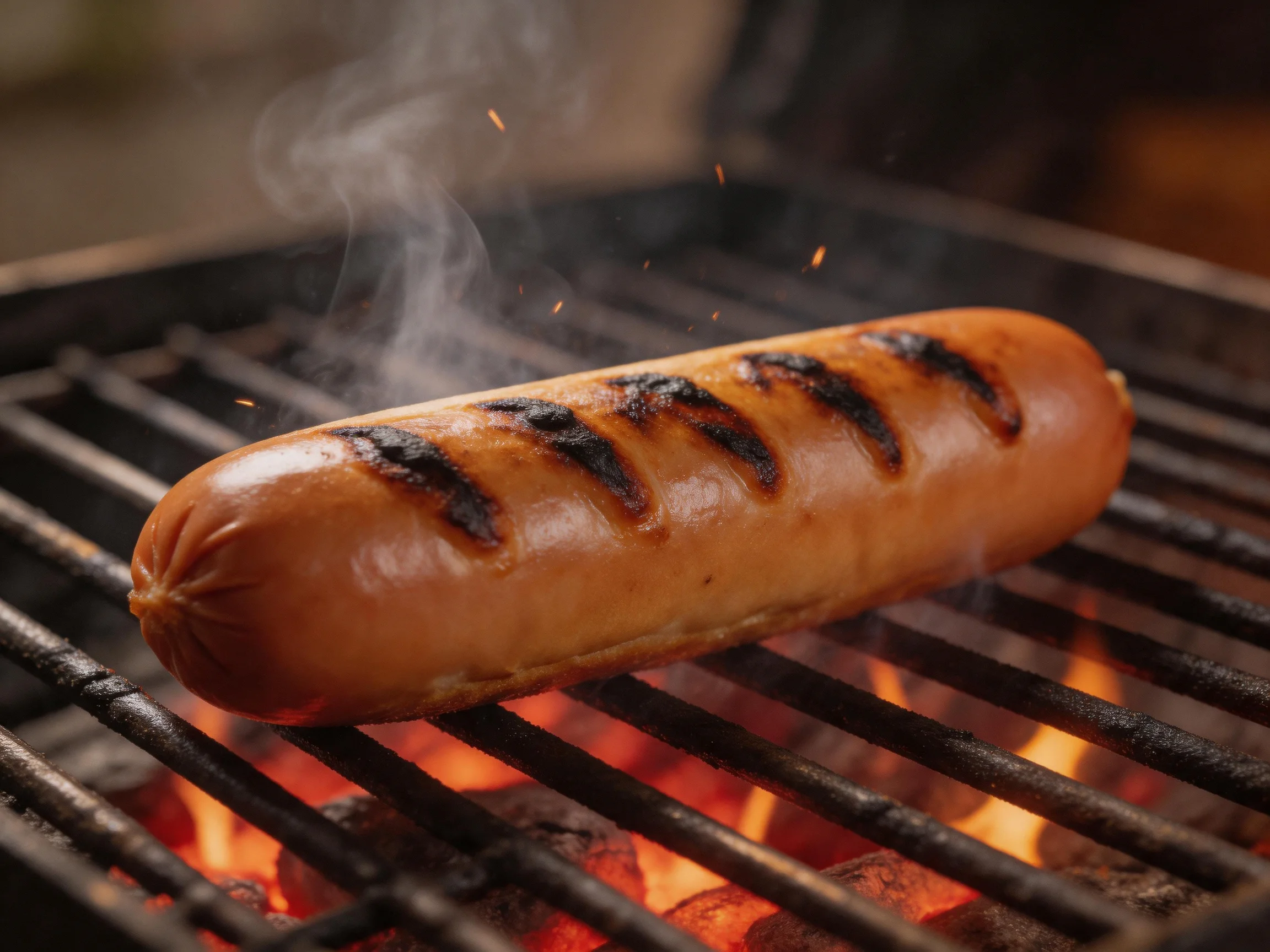 A grilled sausage with char marks over glowing embers