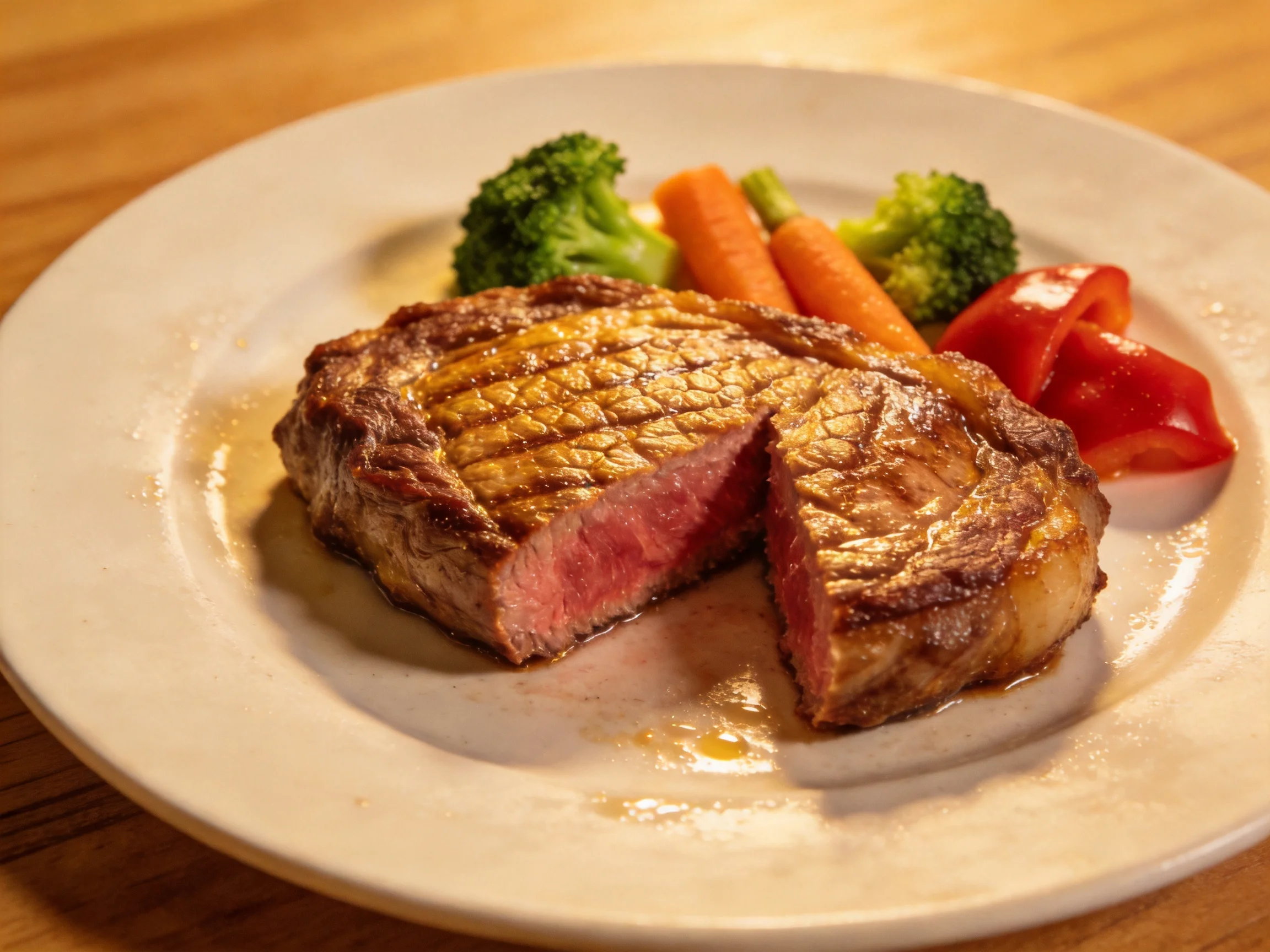 A grilled steak accompanied by steamed broccoli, carrots, and red pepper