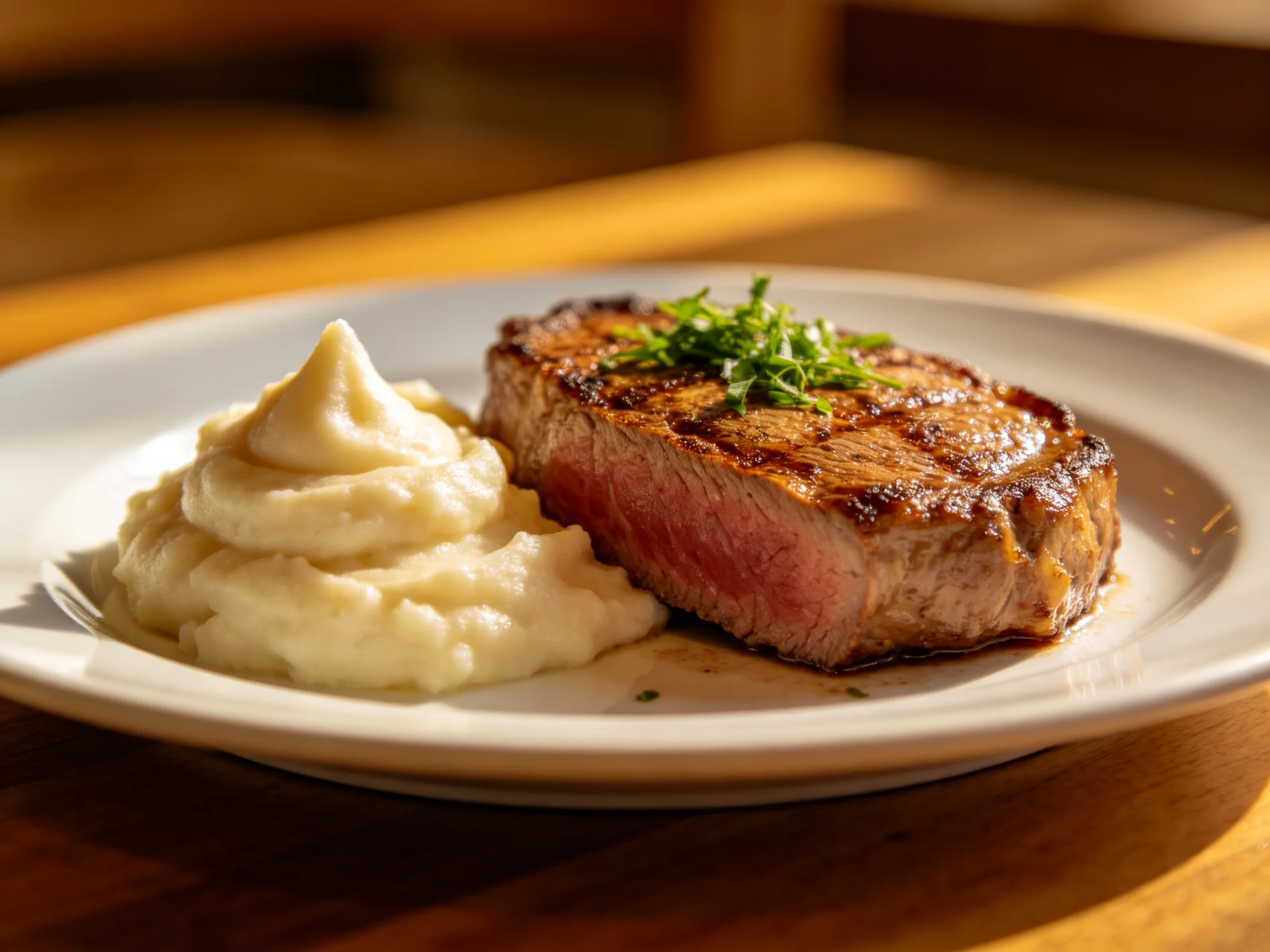 A grilled steak and creamy mashed potatoes on a white plate