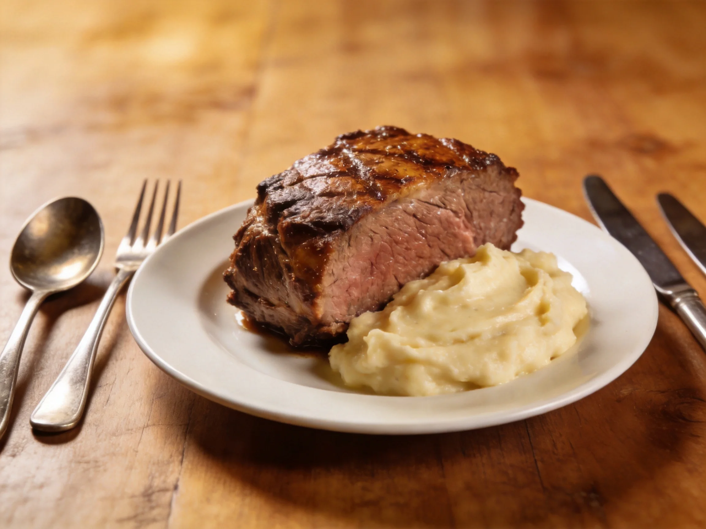 A grilled steak and creamy mashed potatoes served on a white plate