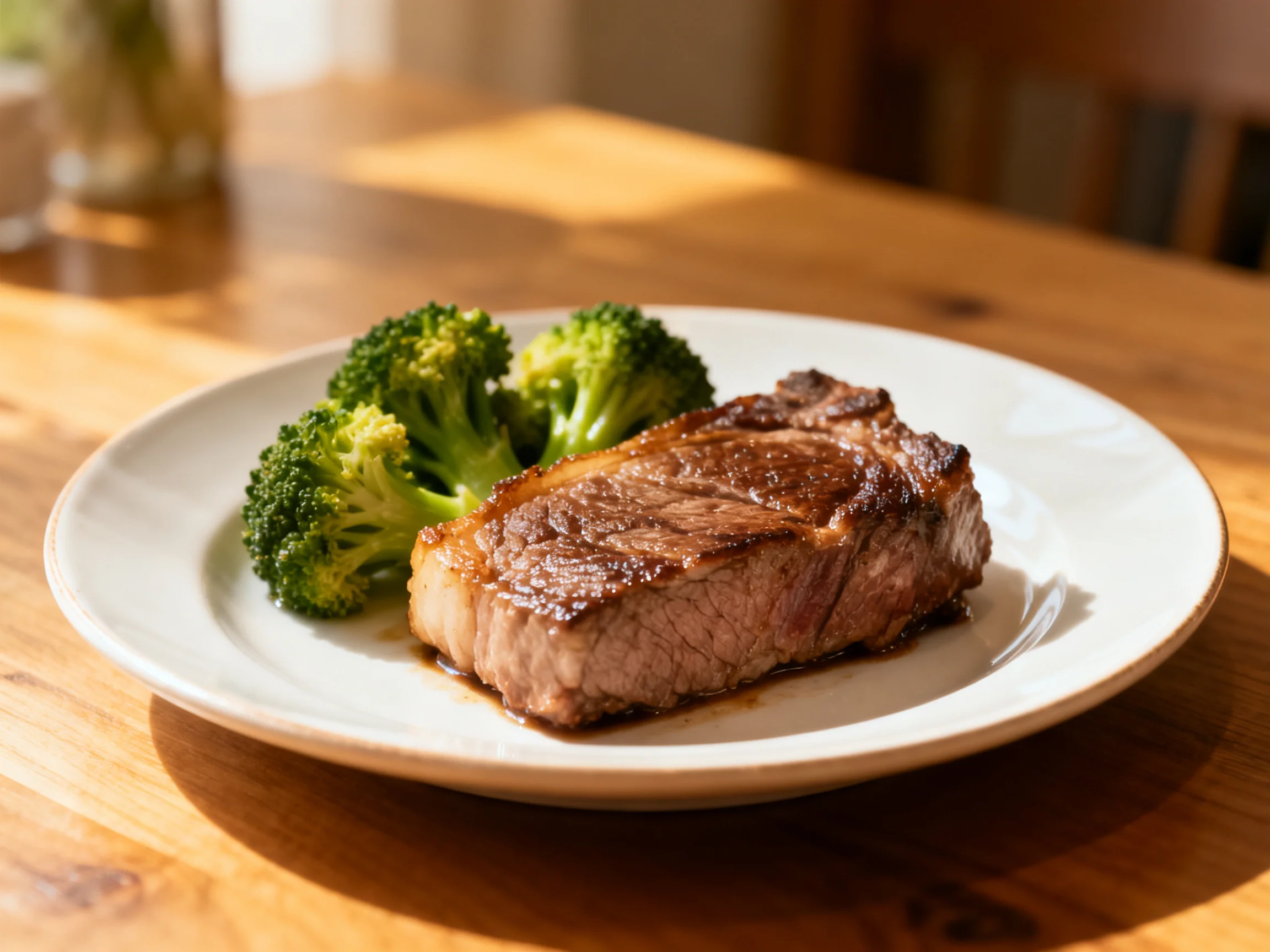 A grilled steak and fresh broccoli on a white plate