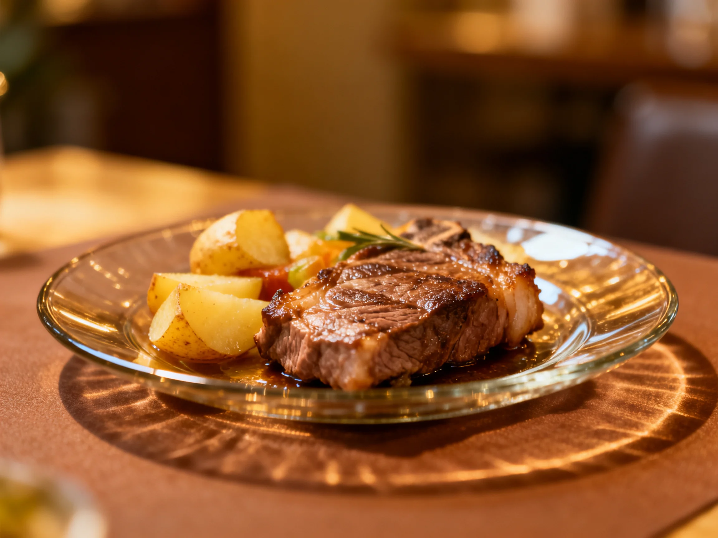 A grilled steak and roasted potato dish on a clear glass plate