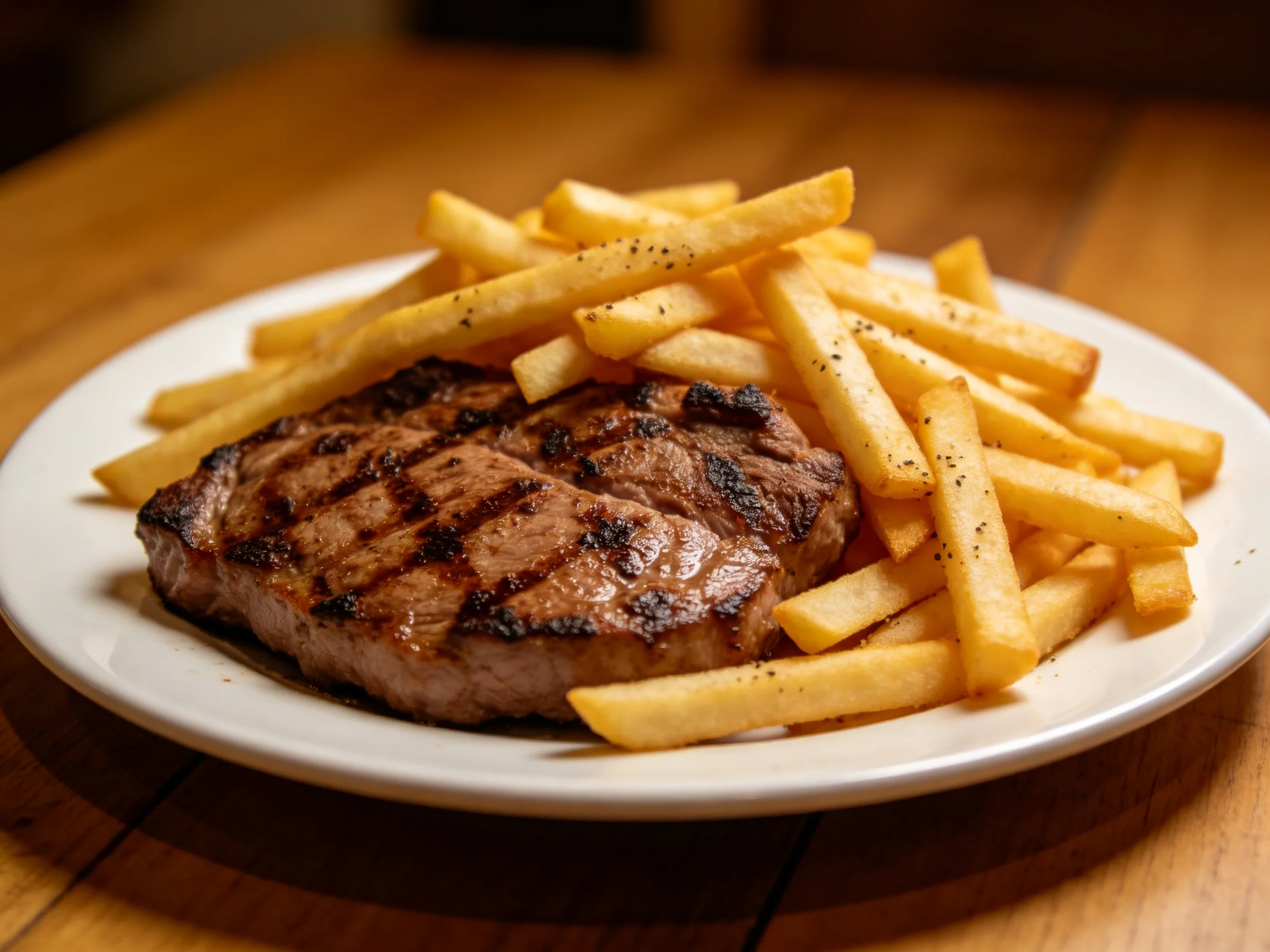 A grilled steak and seasoned French fries on a white plate