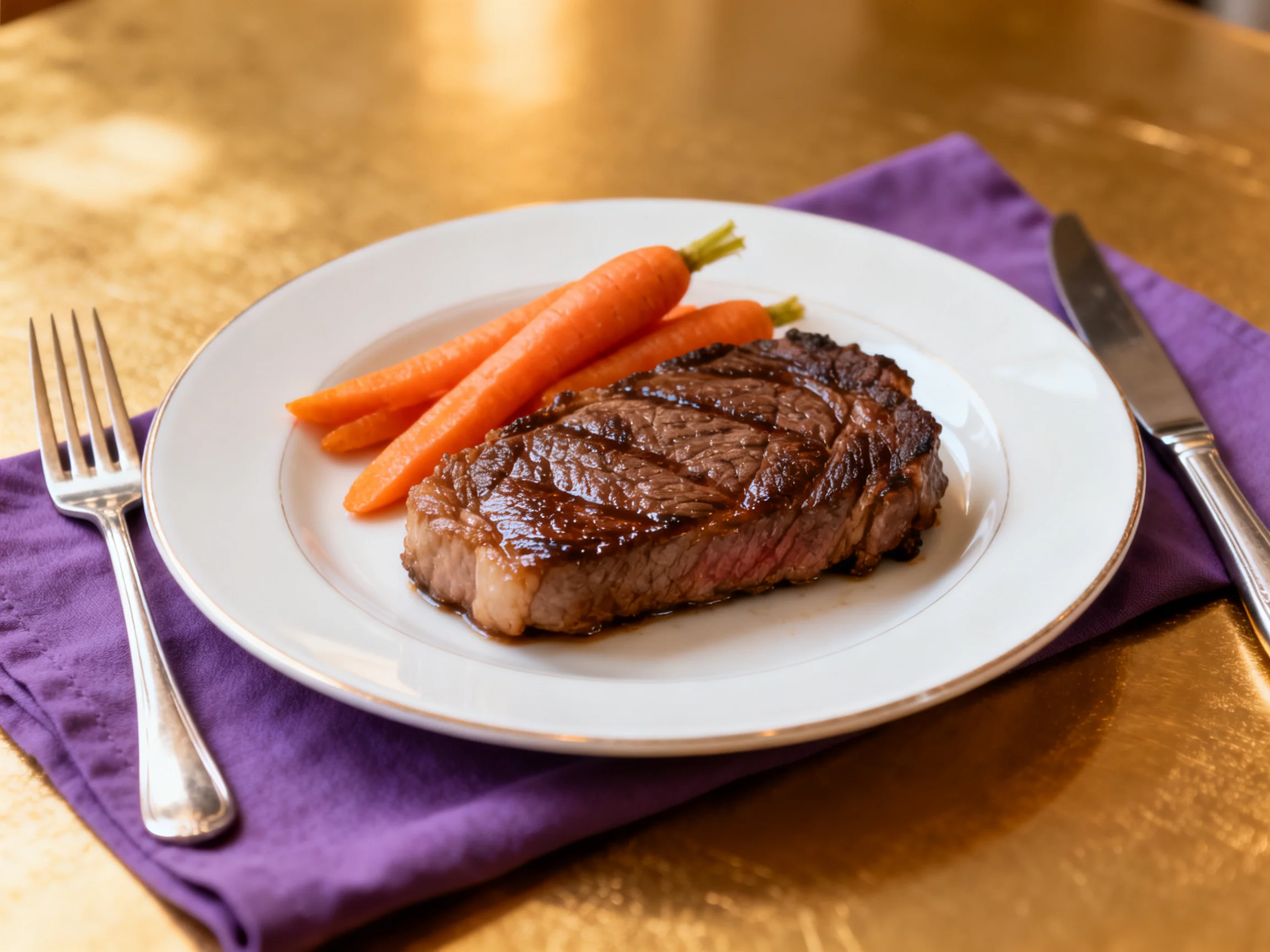 A grilled steak and three carrots served on a white plate over a purple napkin