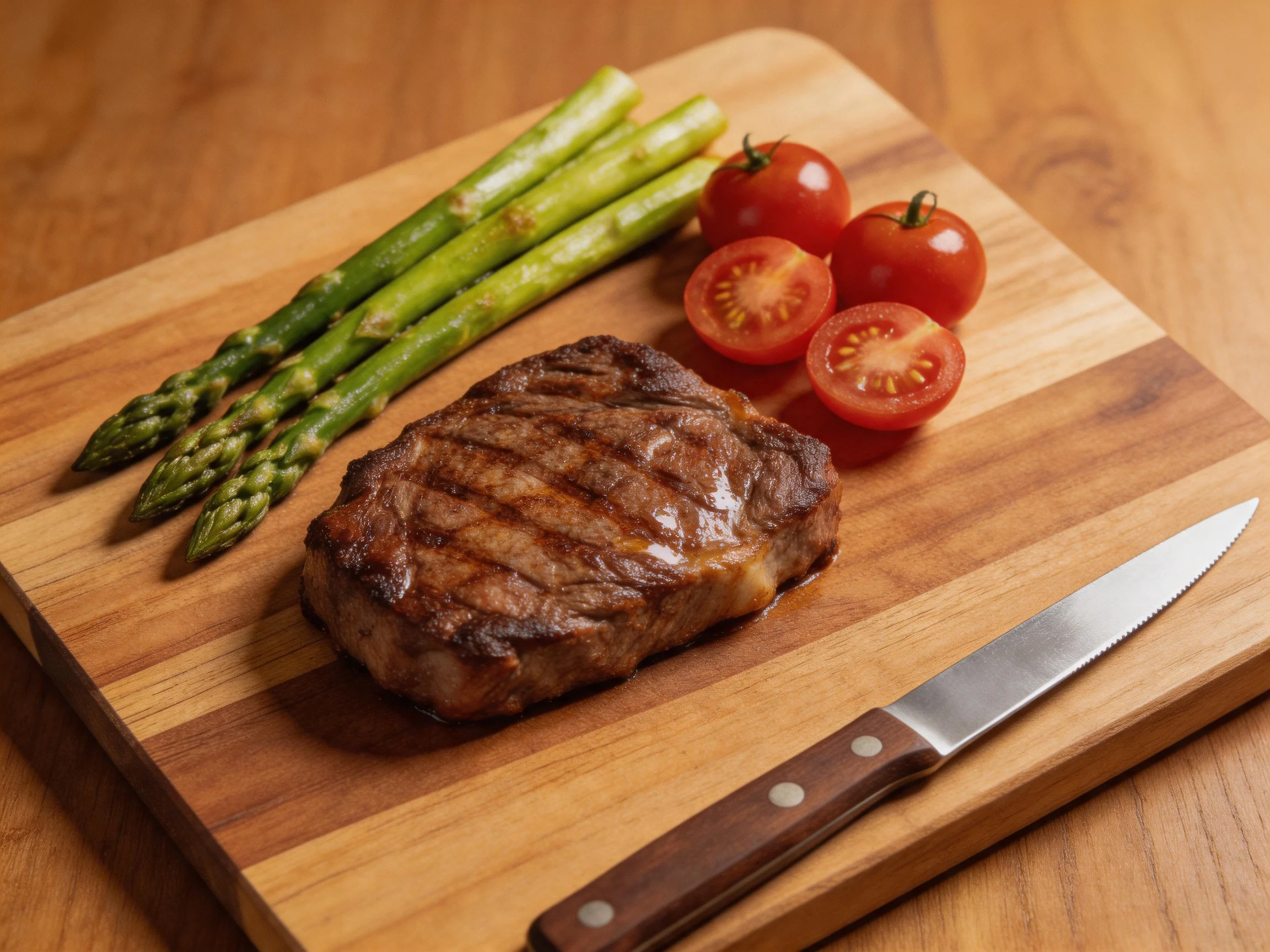 A grilled steak, asparagus spears, and cherry tomatoes on a wooden cutting board