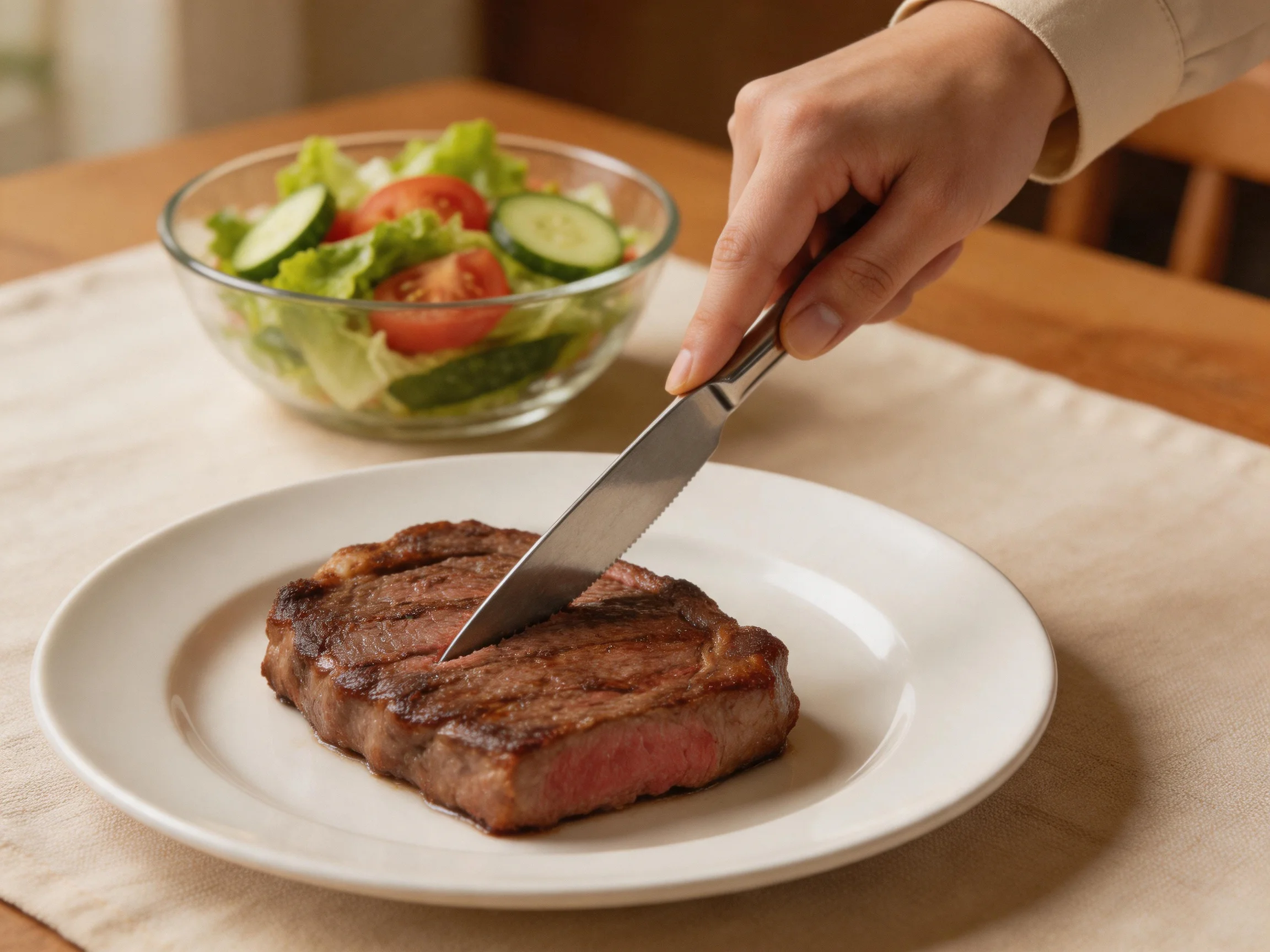 A grilled steak being sliced beside a mixed green salad