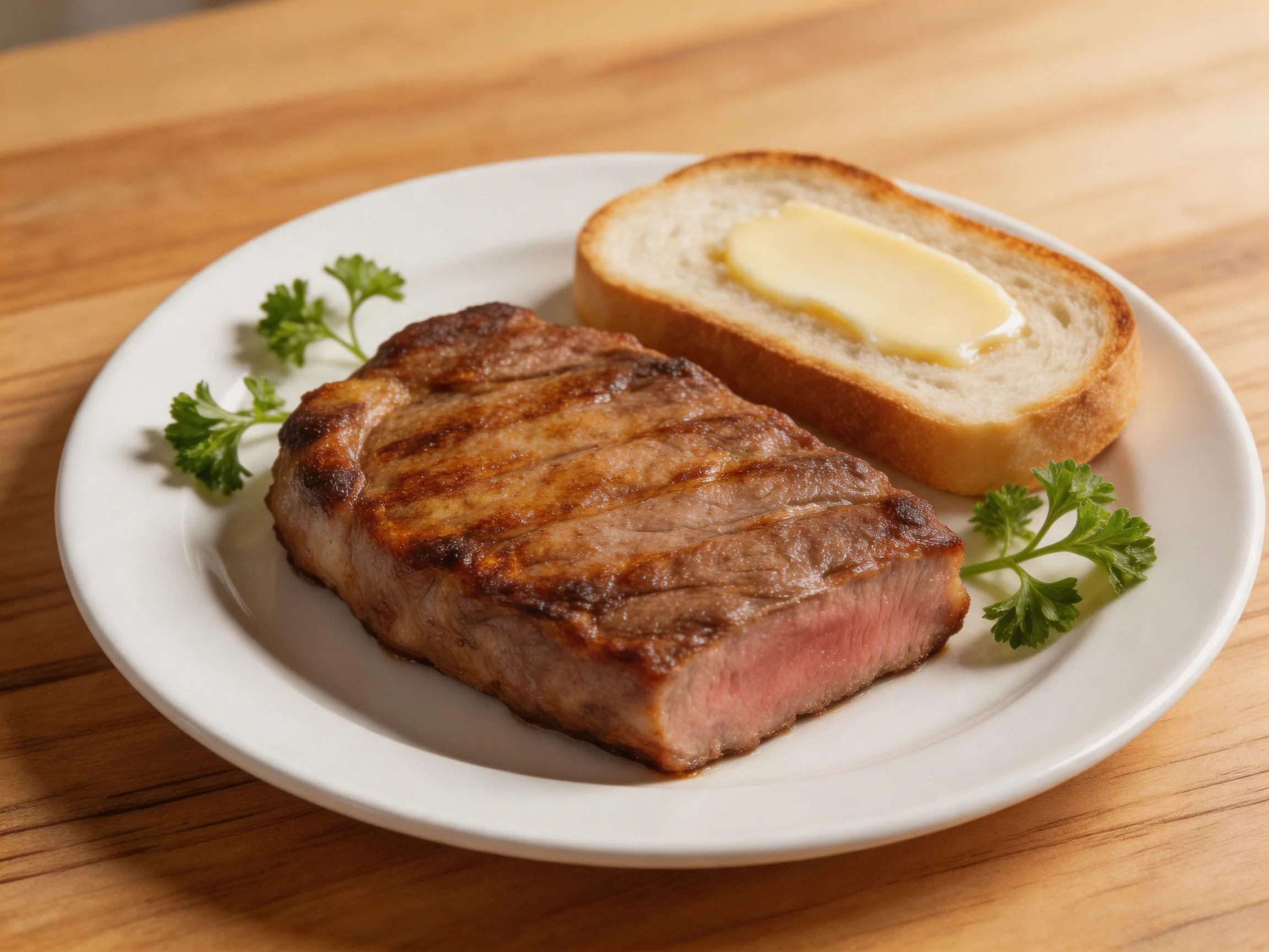 A grilled steak, buttered bread, and parsley on a white plate