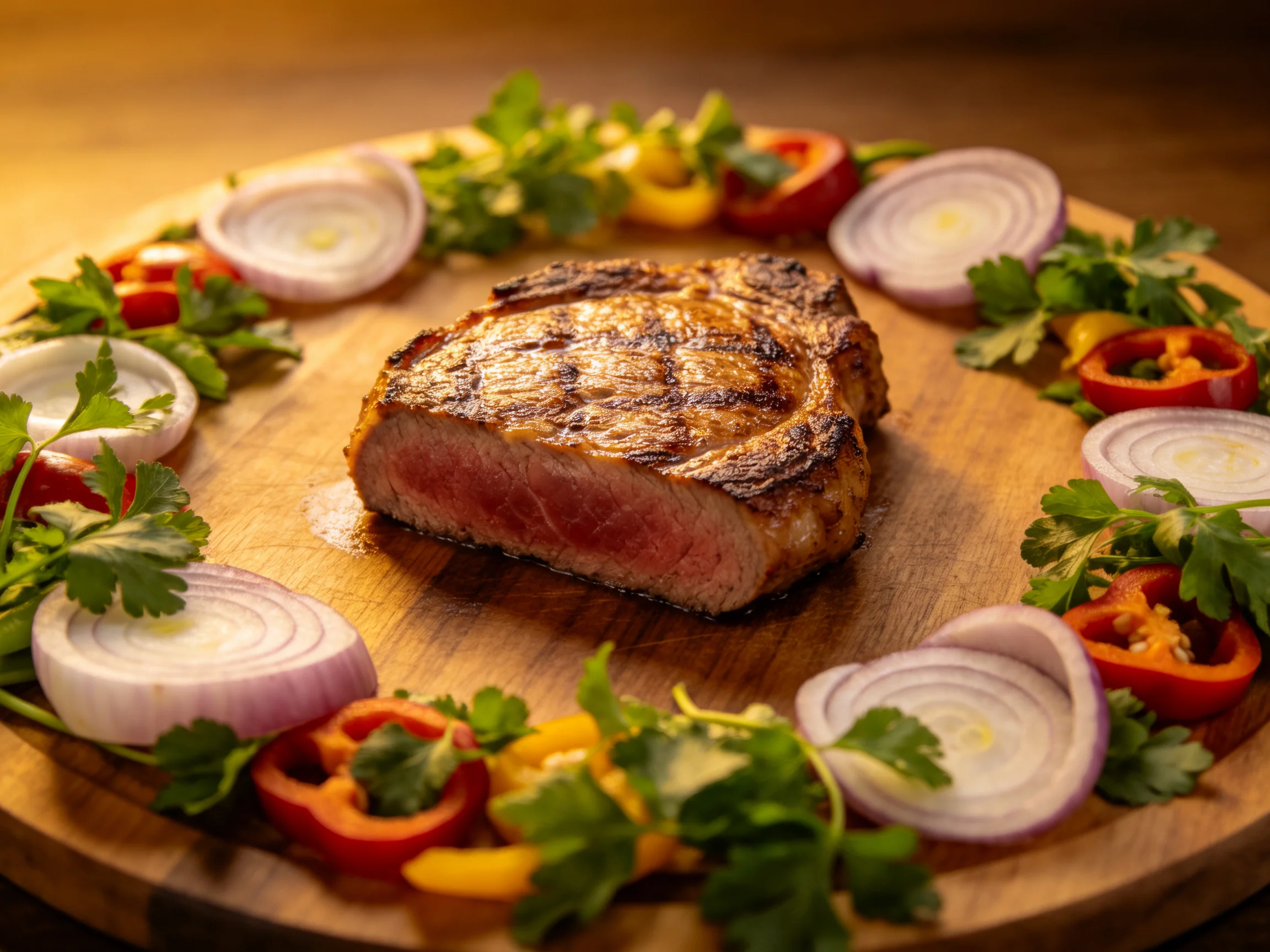 A grilled steak centered among sliced onions, peppers, and herbs on a wooden platter