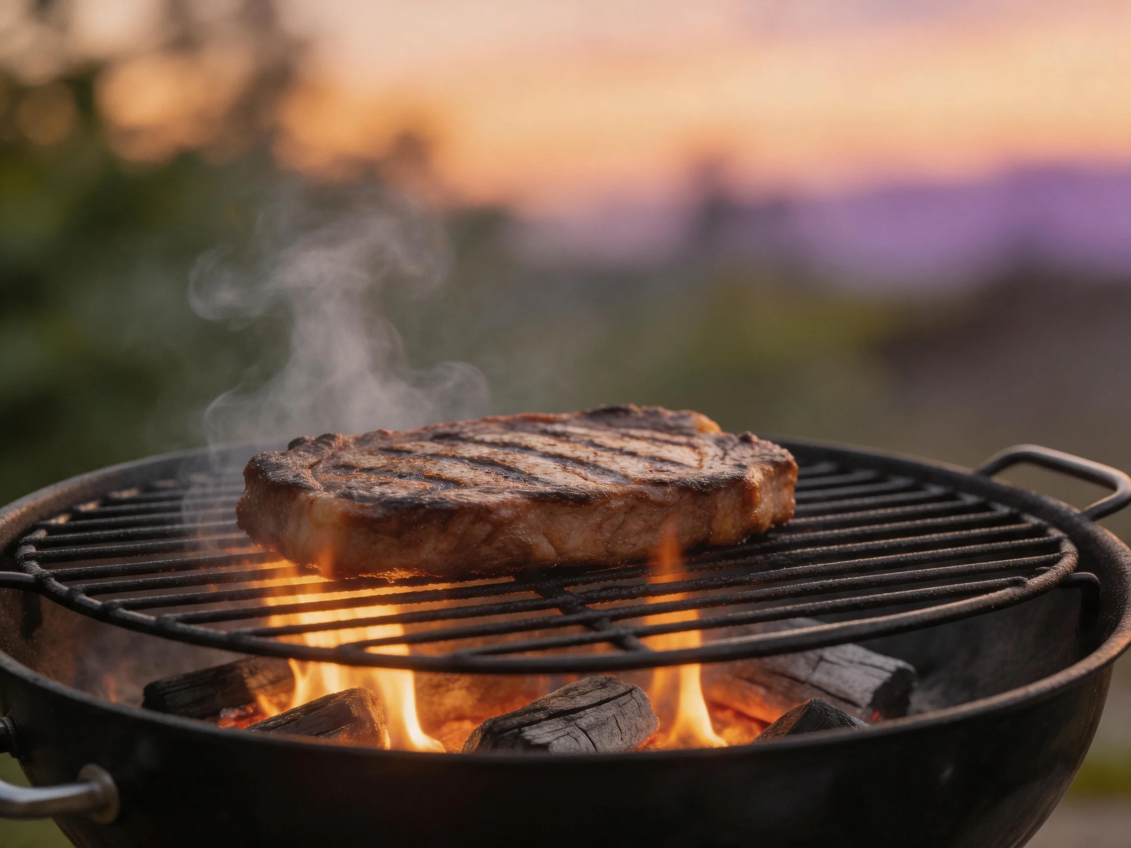 A grilled steak cooks over charcoal flames with a dusky sky backdrop