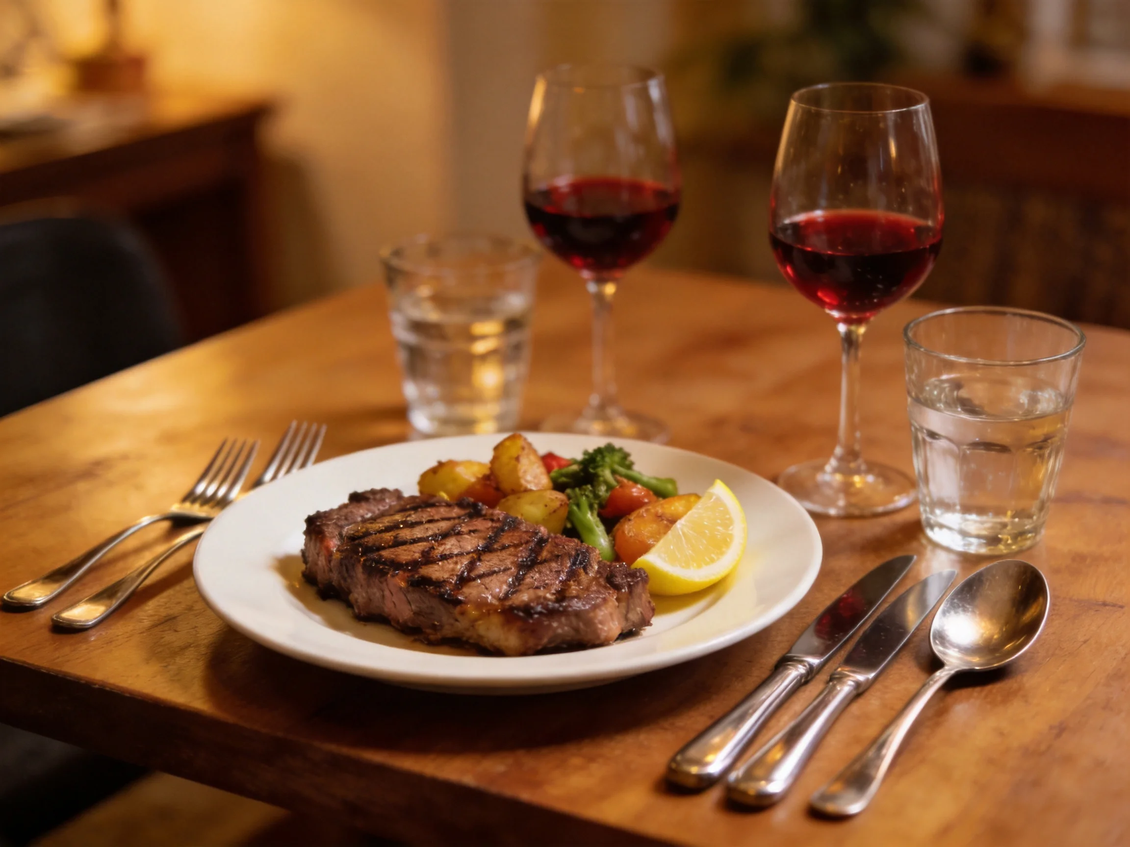 A plated grilled steak dinner with sides and red wine served on a wooden table.