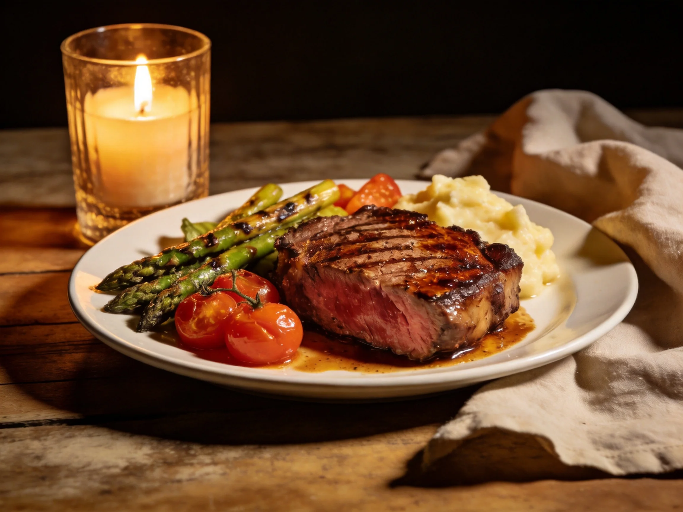 A grilled steak dinner with vegetables and a lit candle
