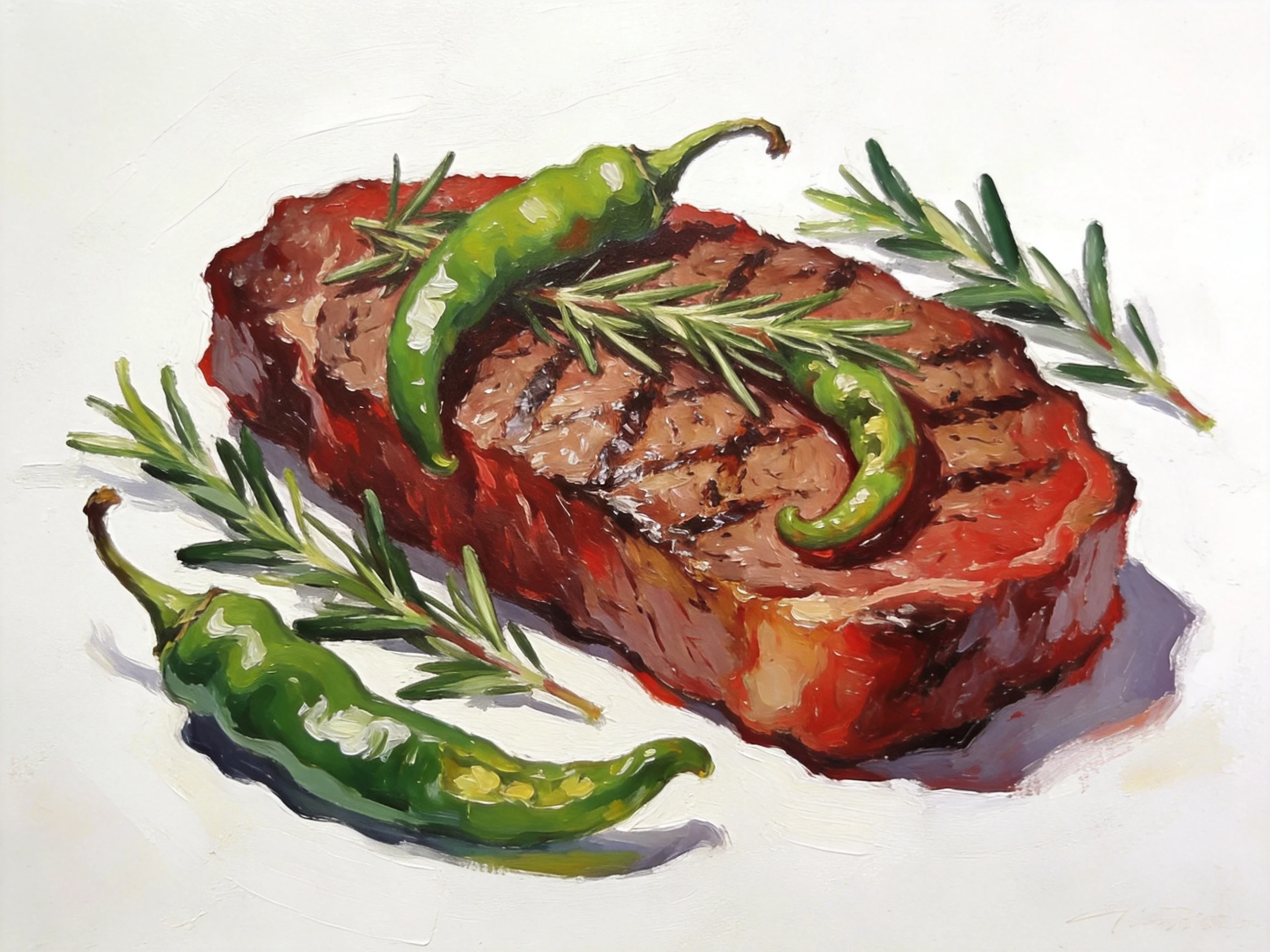 A grilled steak garnished with green chili peppers and rosemary sprigs