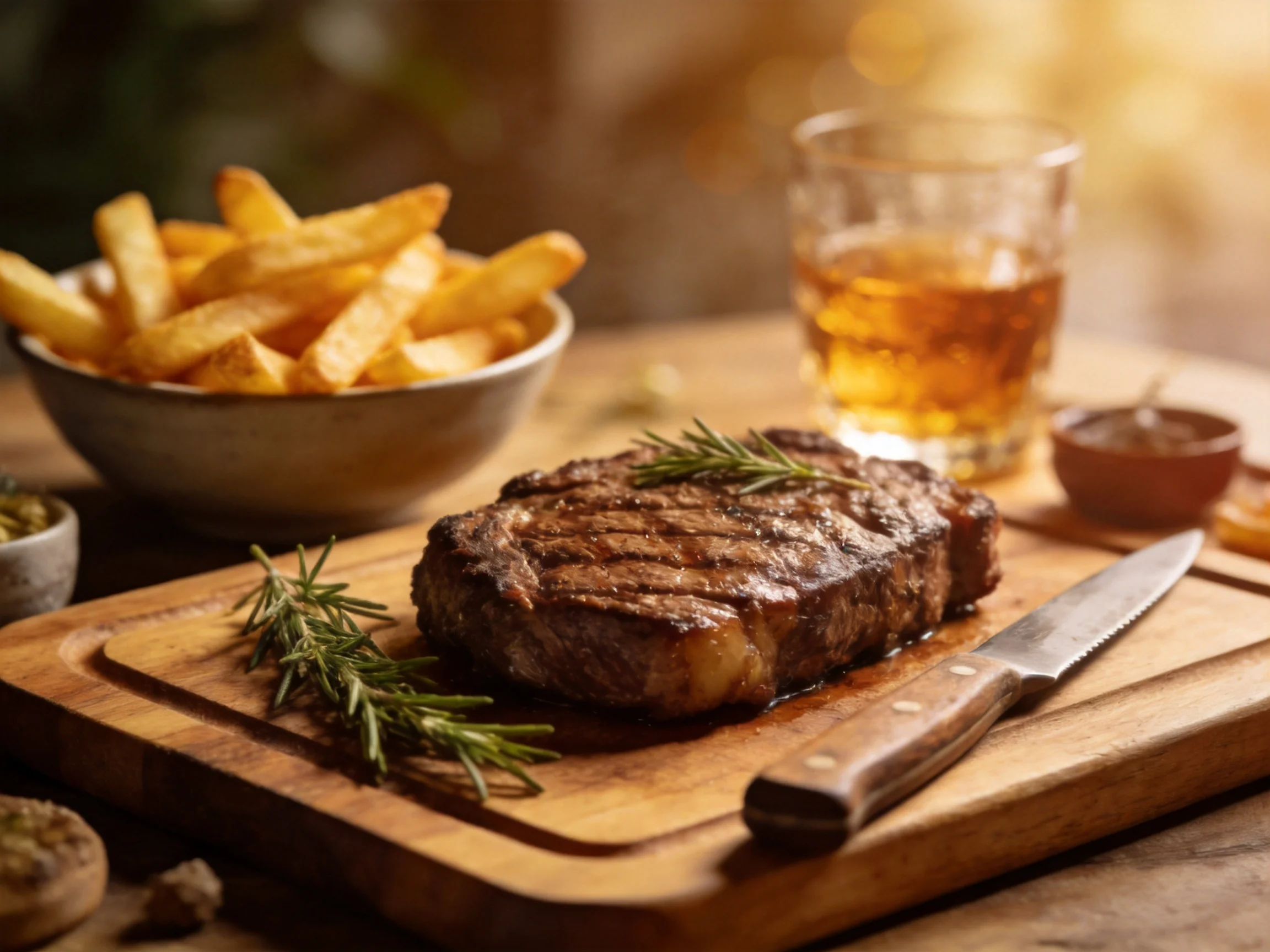 A grilled steak garnished with rosemary, golden fries, and amber drink