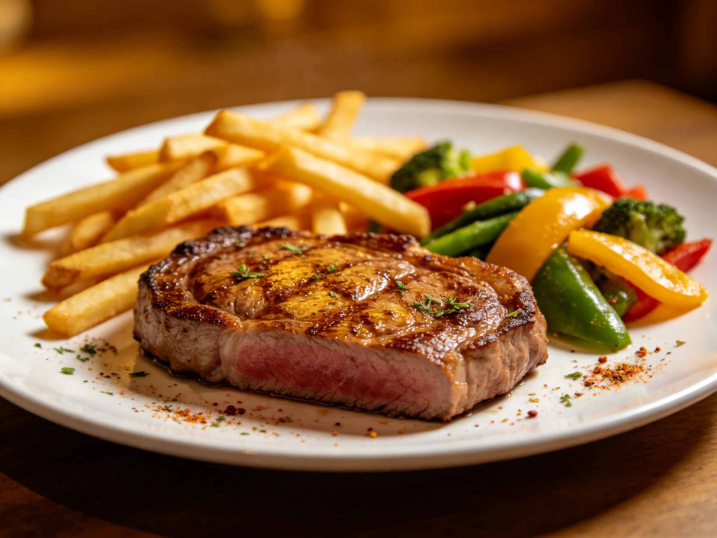 A grilled steak, golden fries, and colorful vegetables on a white plate