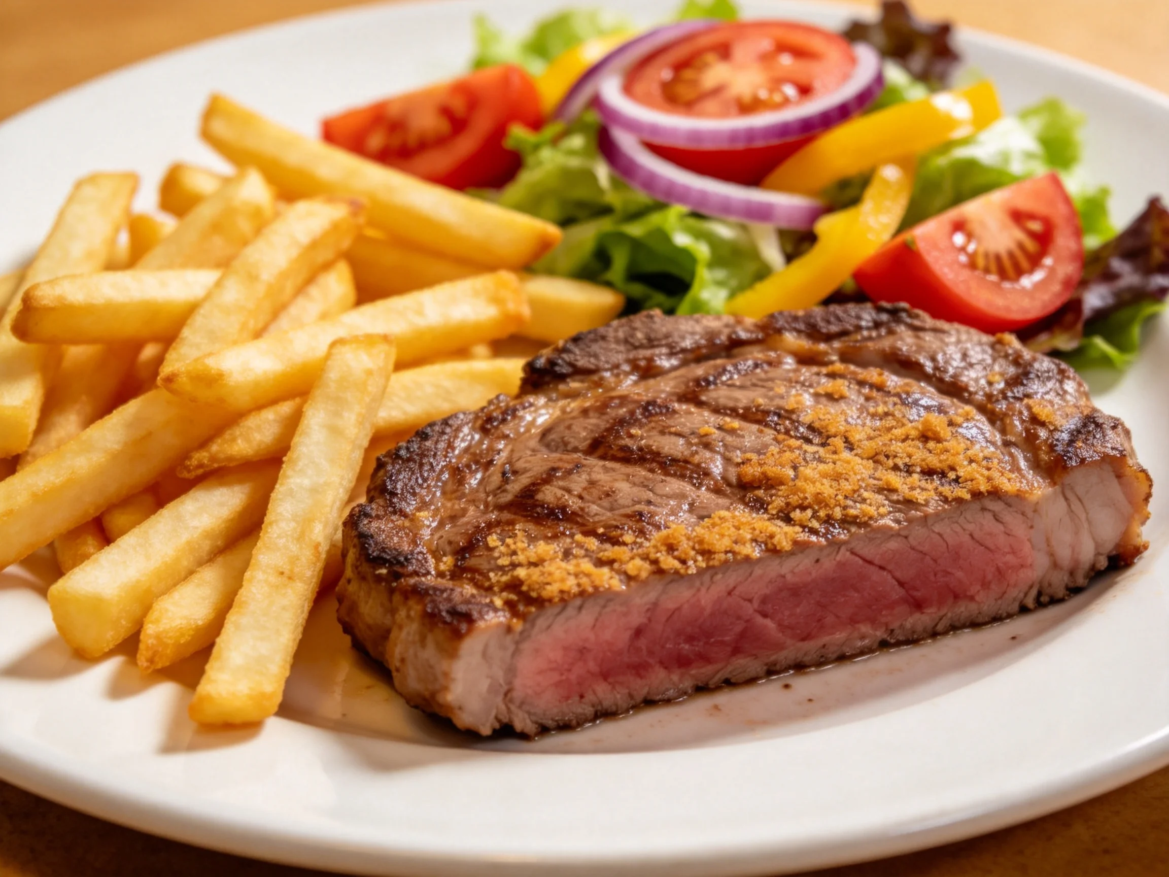 A grilled steak, golden fries, and fresh mixed greens salad on a white plate