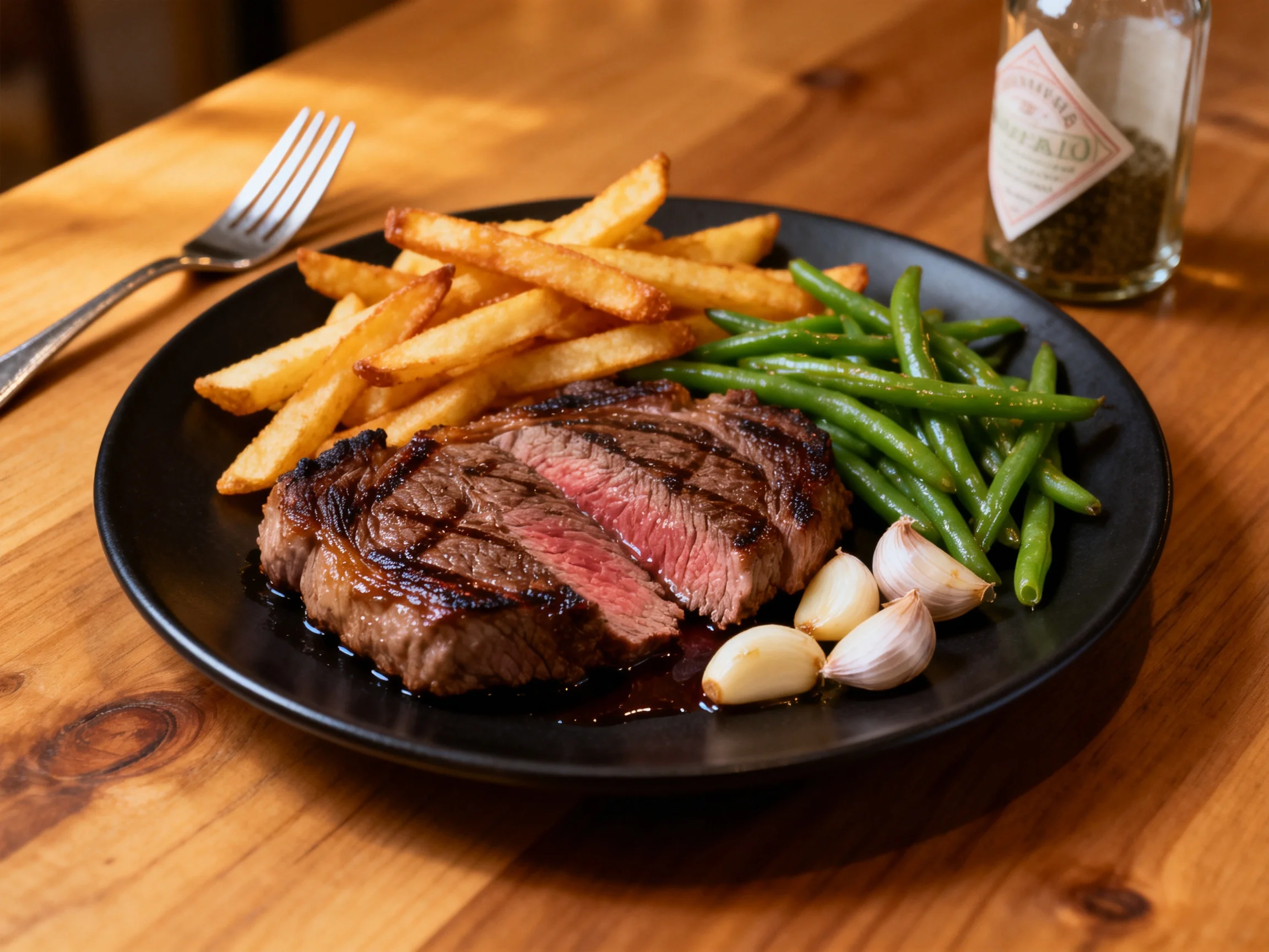 A grilled steak, golden fries, and green beans on a black plate