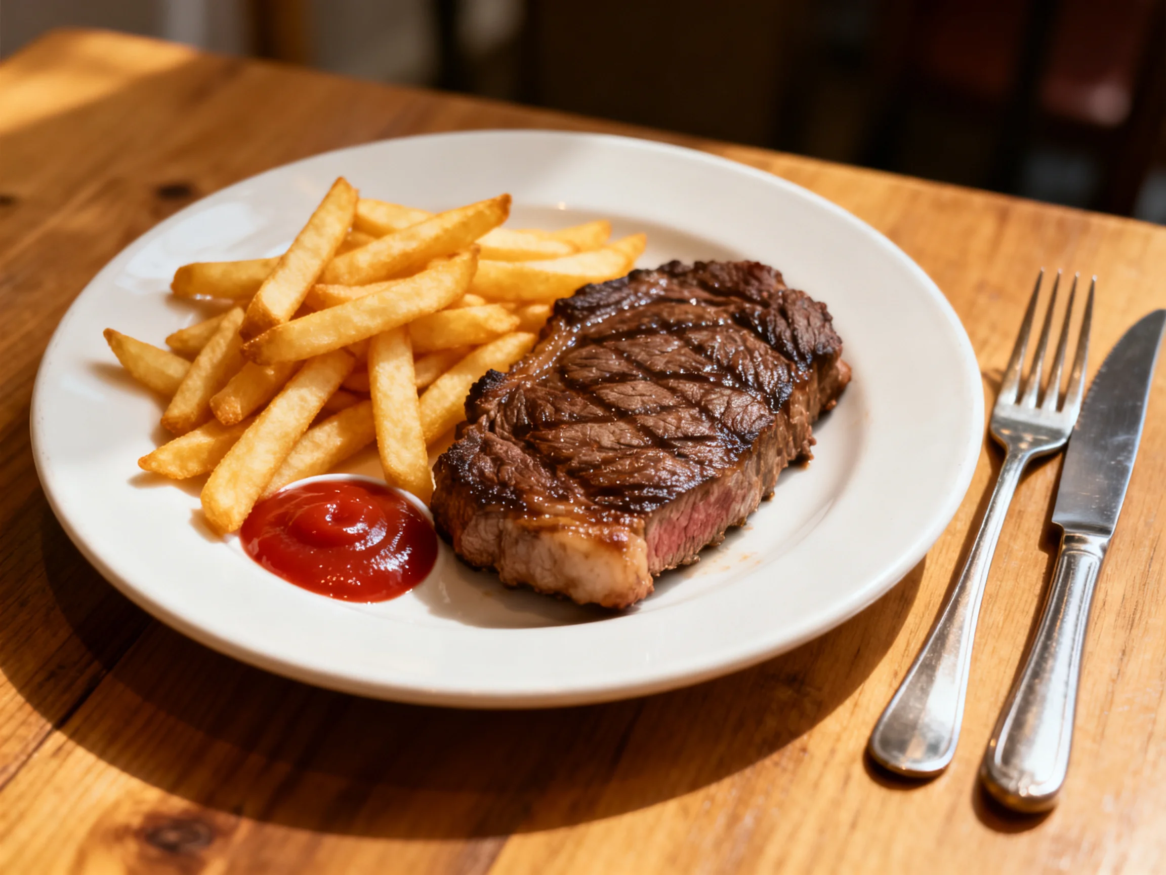 A grilled steak, golden fries, and red ketchup on a white plate
