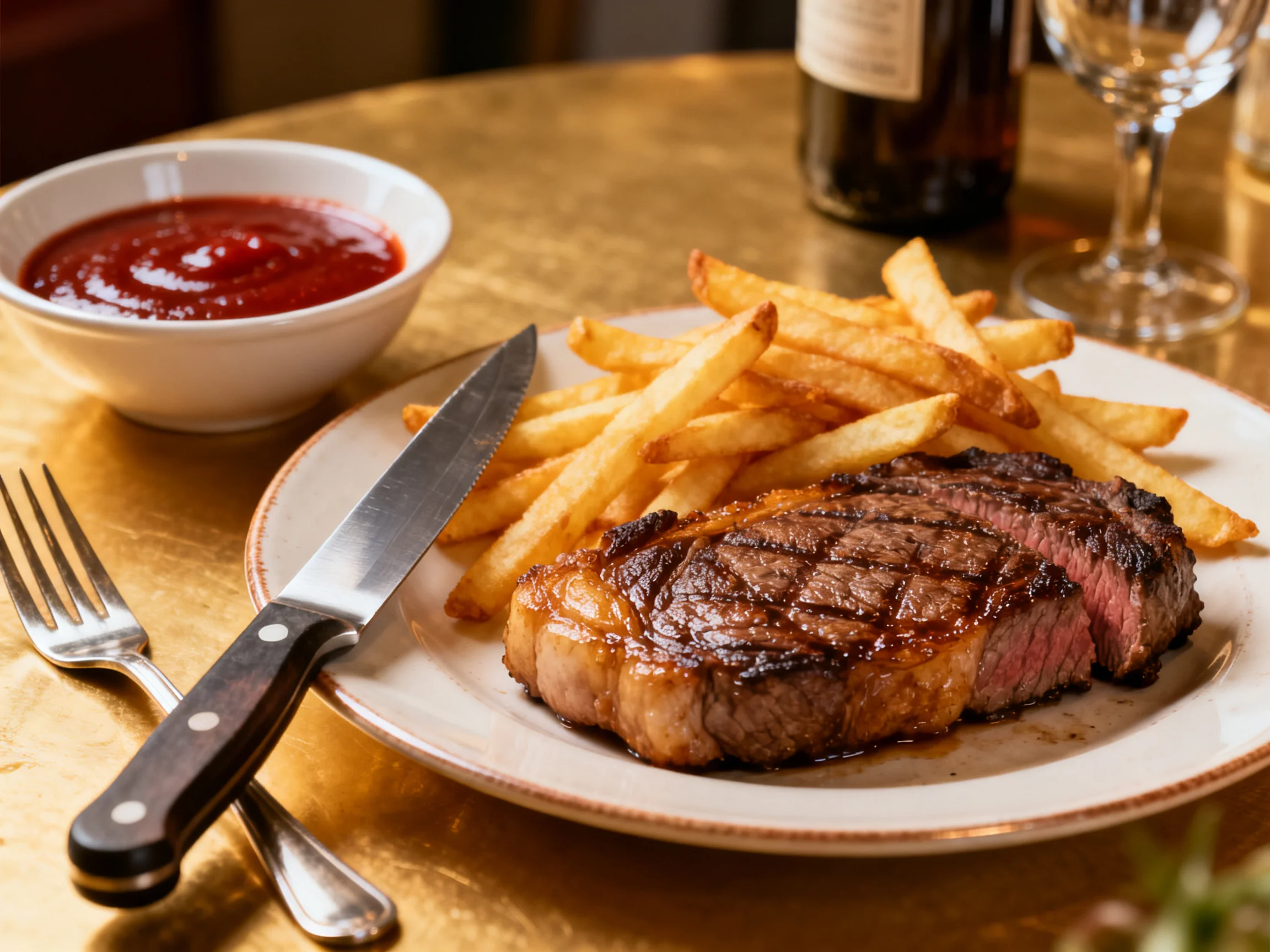 A grilled steak, golden fries, and red sauce served on a white plate