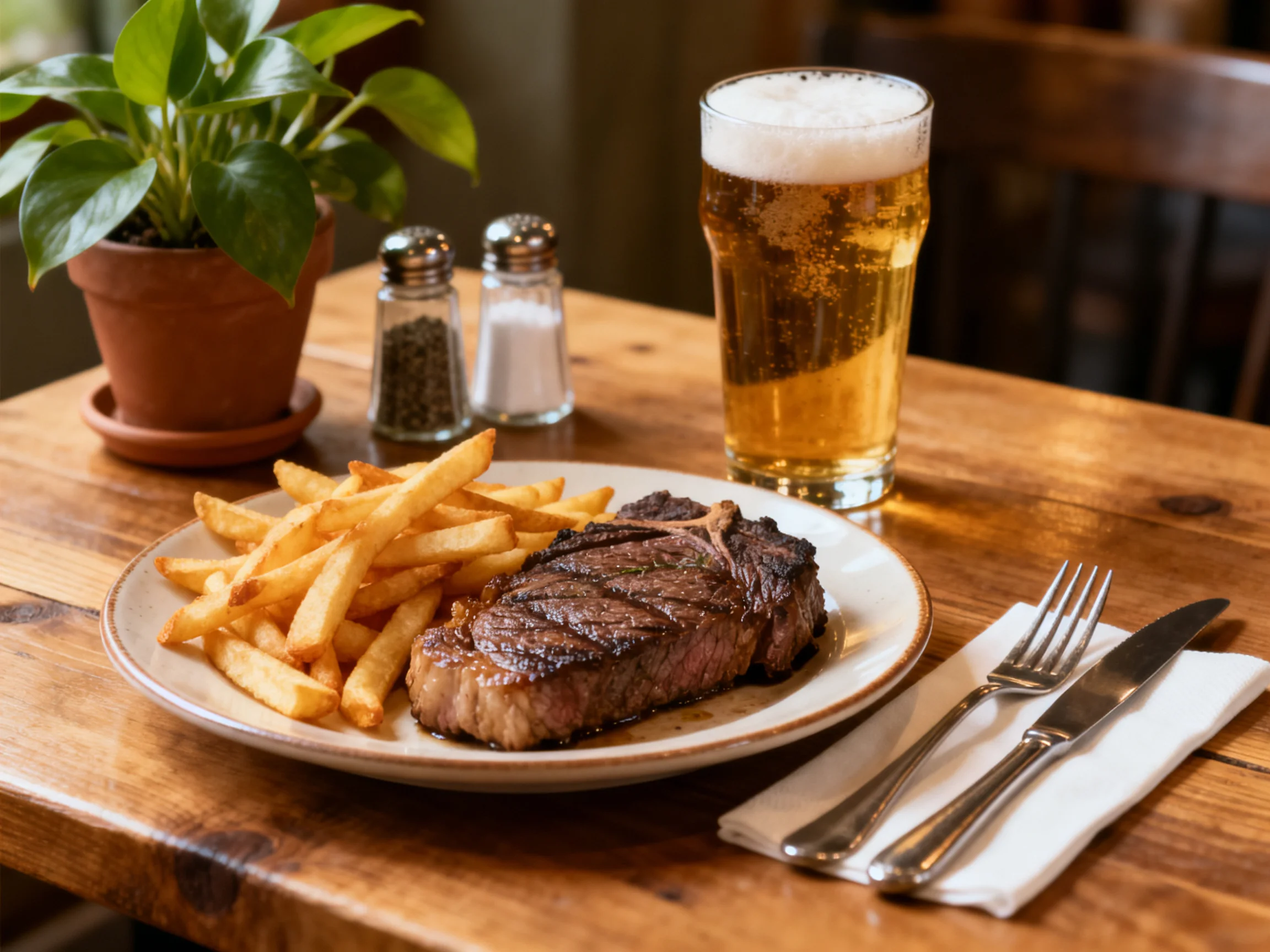 A grilled steak, golden fries, frothy beer on a wooden table