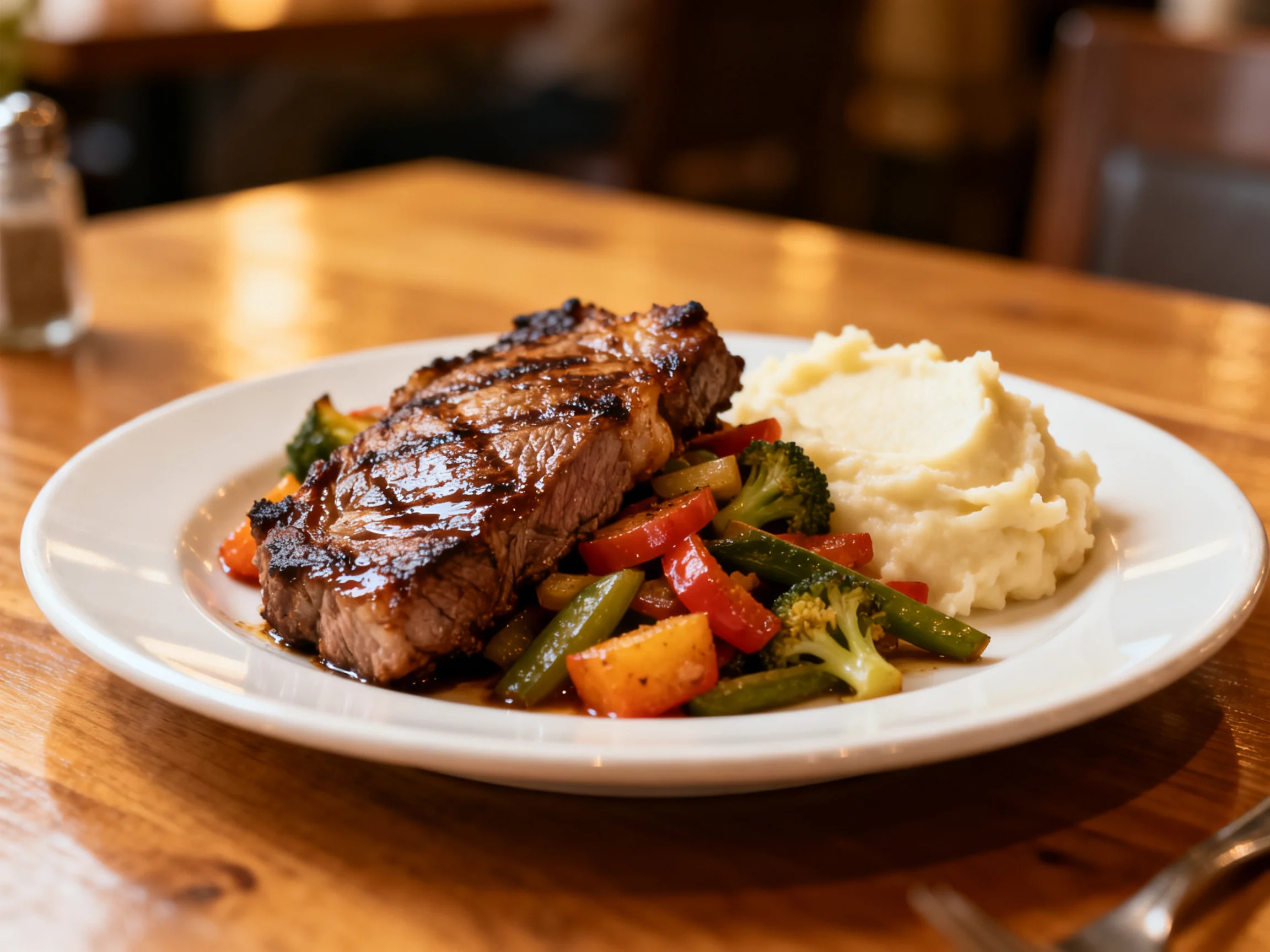 A grilled steak, mashed potatoes, and mixed vegetables on a white plate
