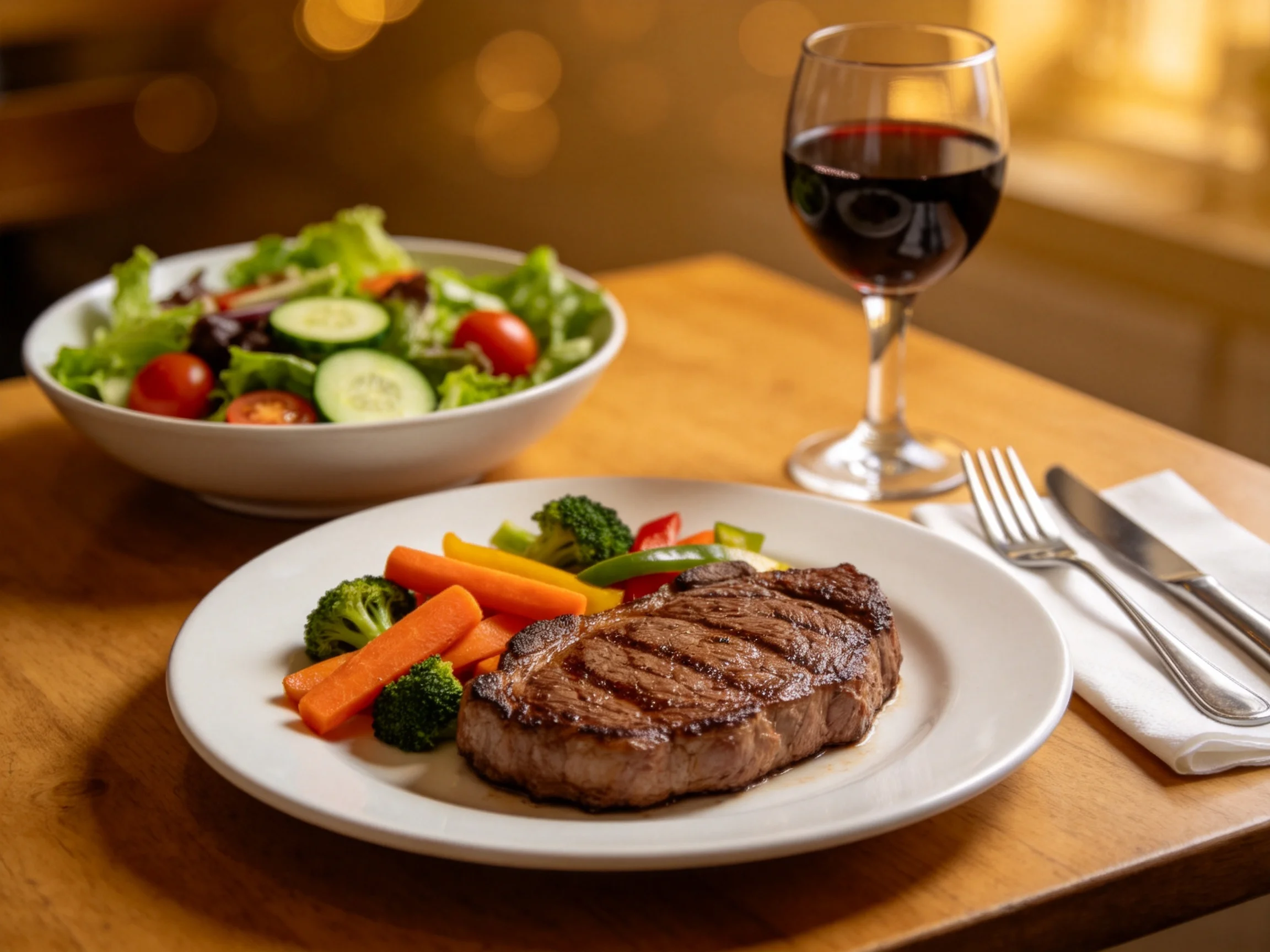 A grilled steak meal with colorful vegetables, fresh salad, and red wine