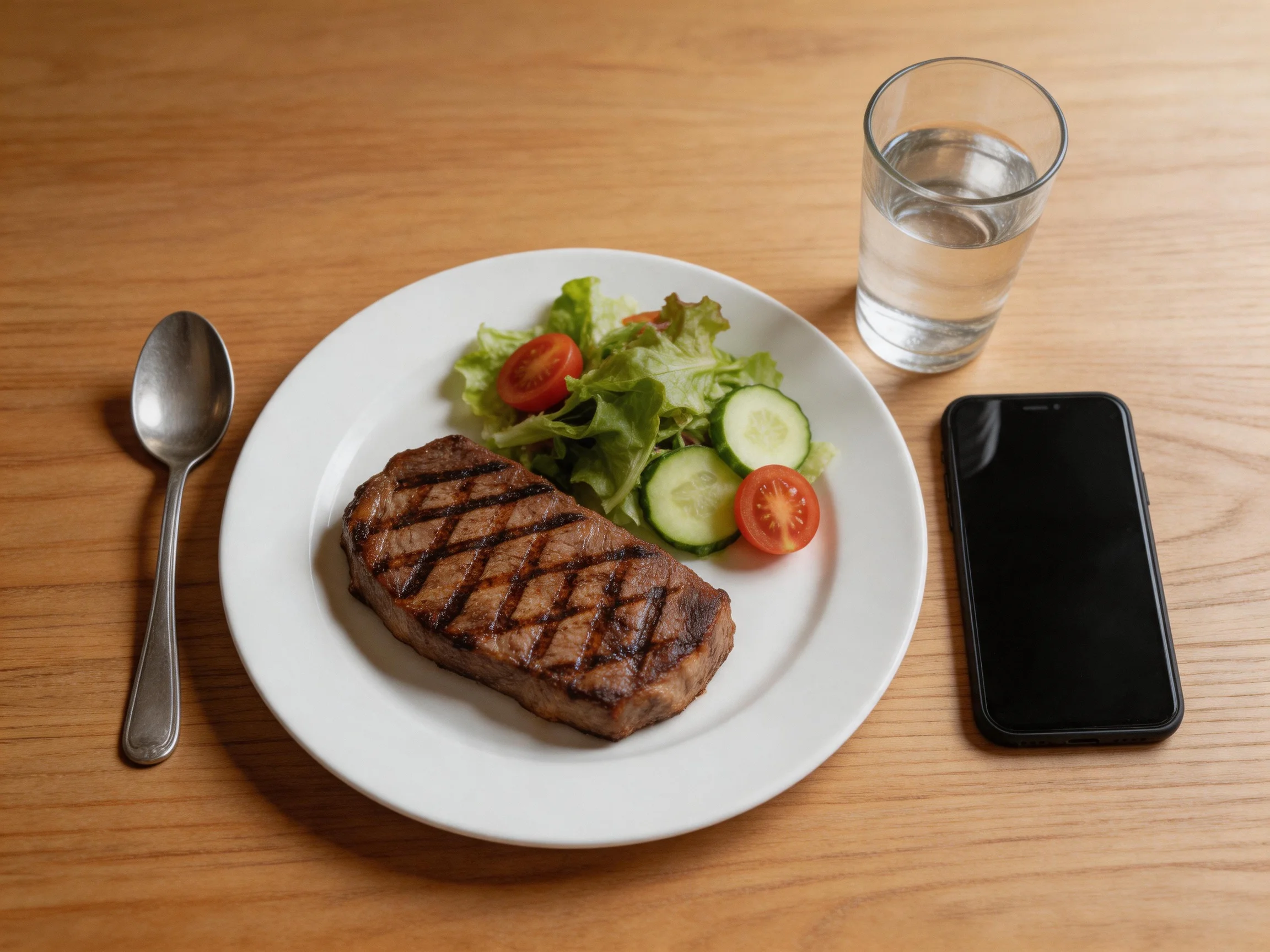 A grilled steak meal with salad, spoon, water, and smartphone
