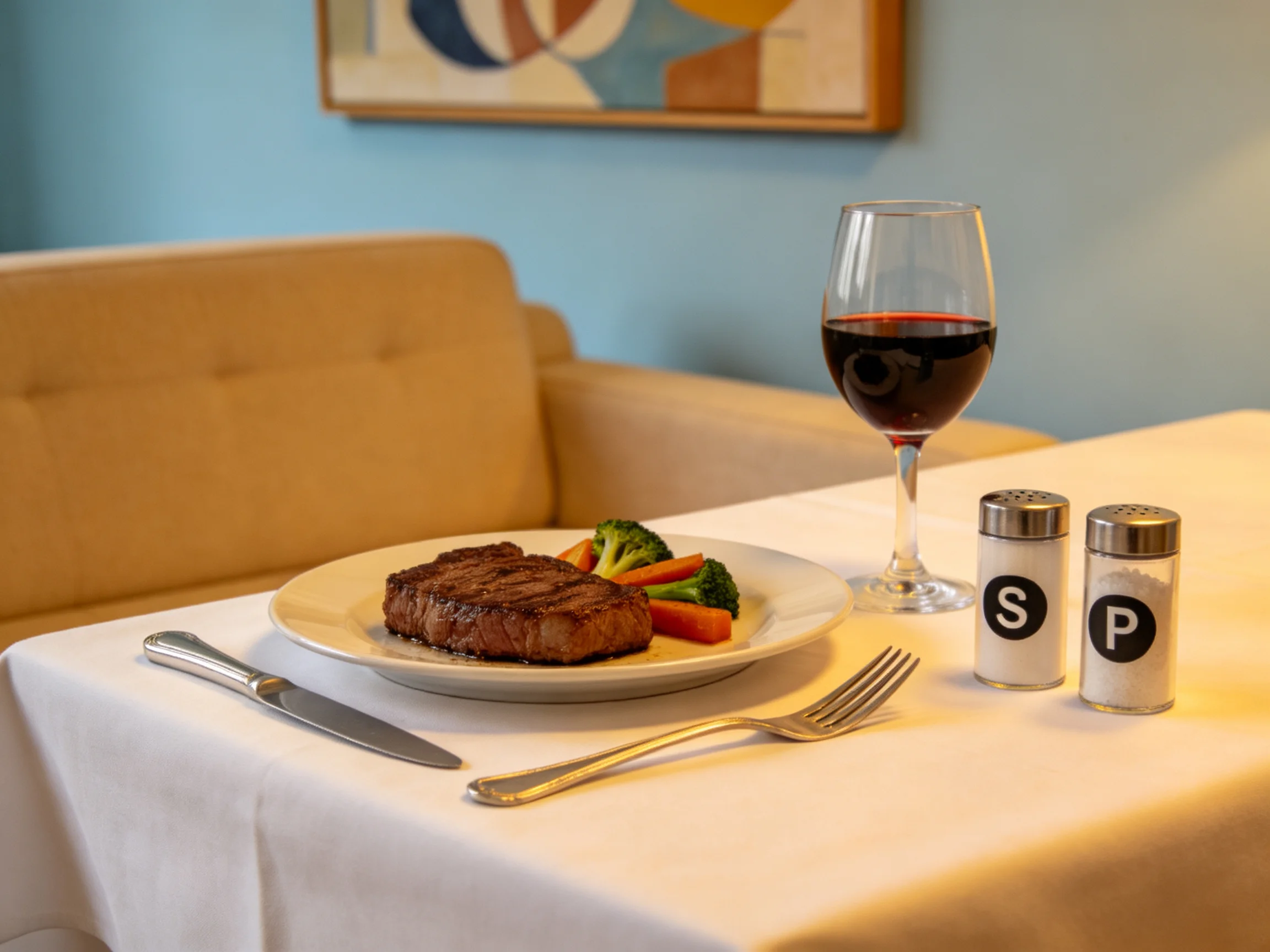 A grilled steak meal with wine on a white tablecloth near a beige couch