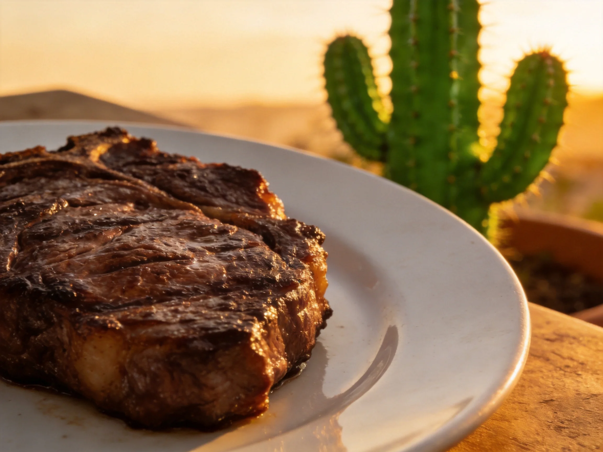A grilled steak on a white plate beside a tall green cactus under warm sunlight