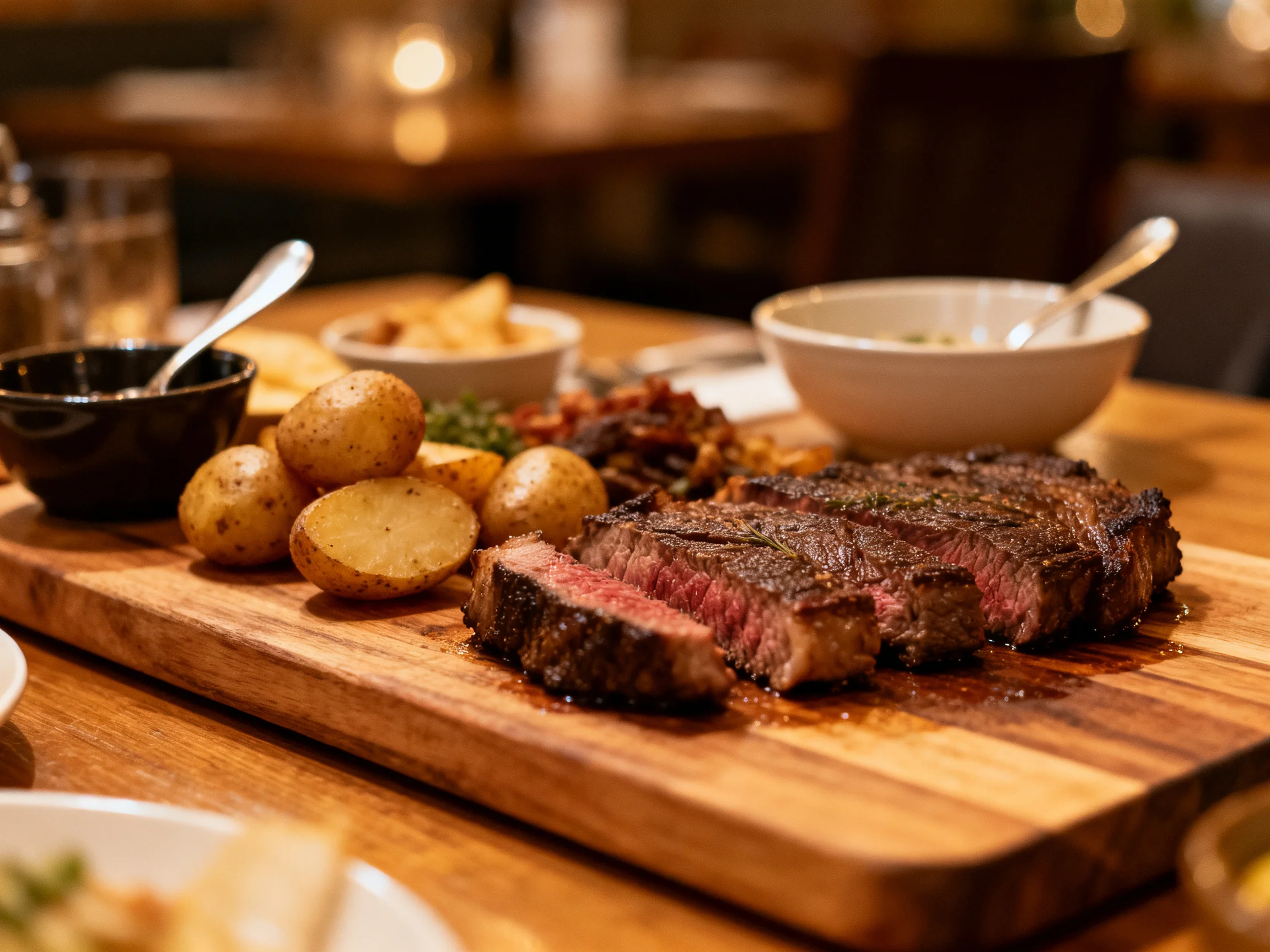 A grilled steak platter with roasted potatoes and side dishes on a wooden cutting board