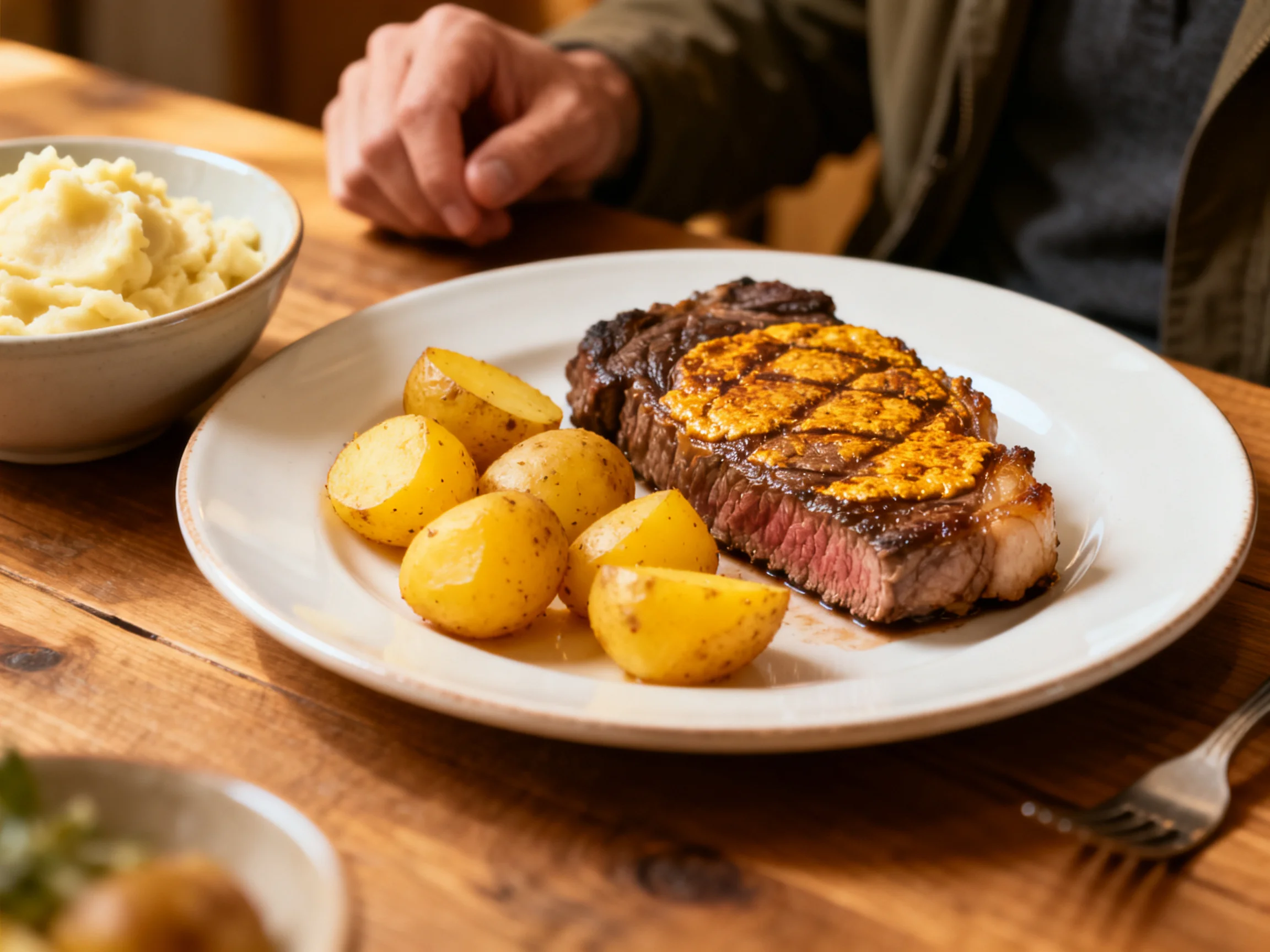 A grilled steak, roasted potatoes, and creamy mashed potatoes on a rustic wooden table
