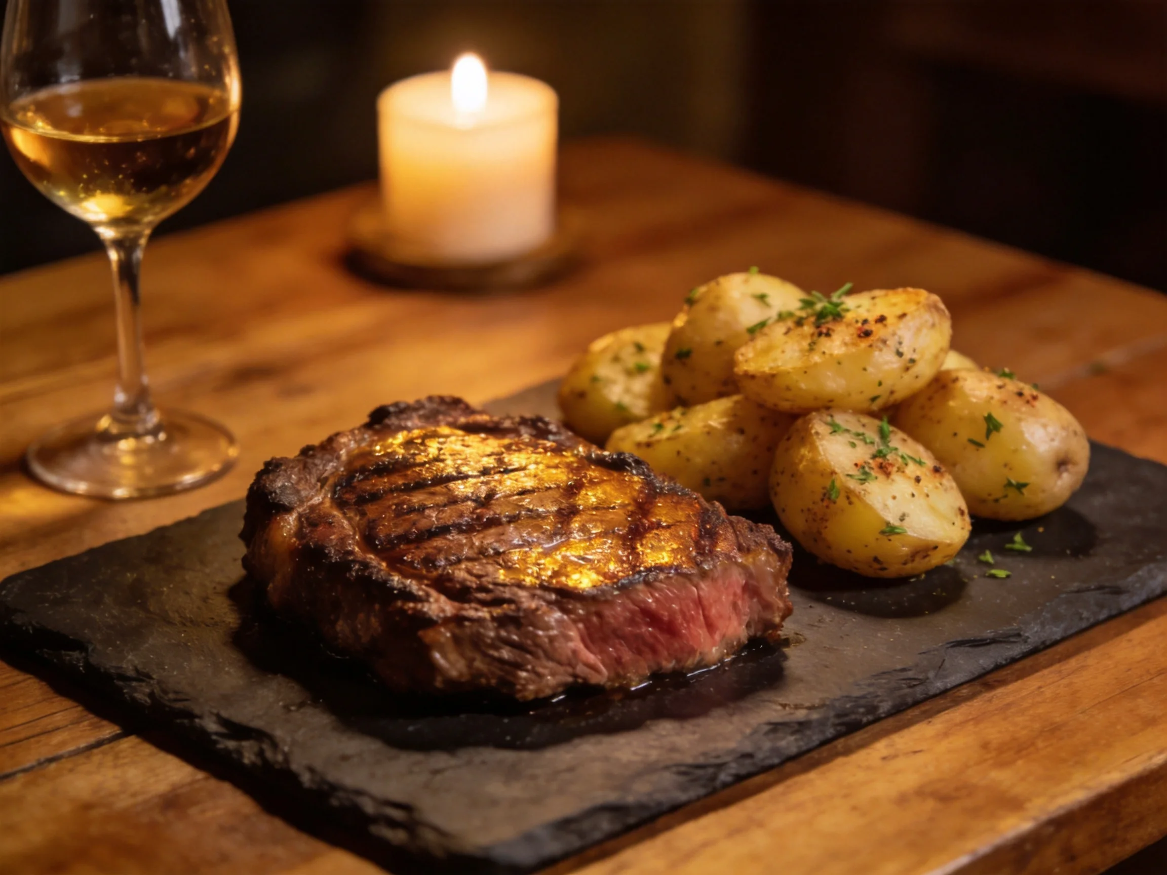 A grilled steak, roasted potatoes, and wine on a wooden table with a candle