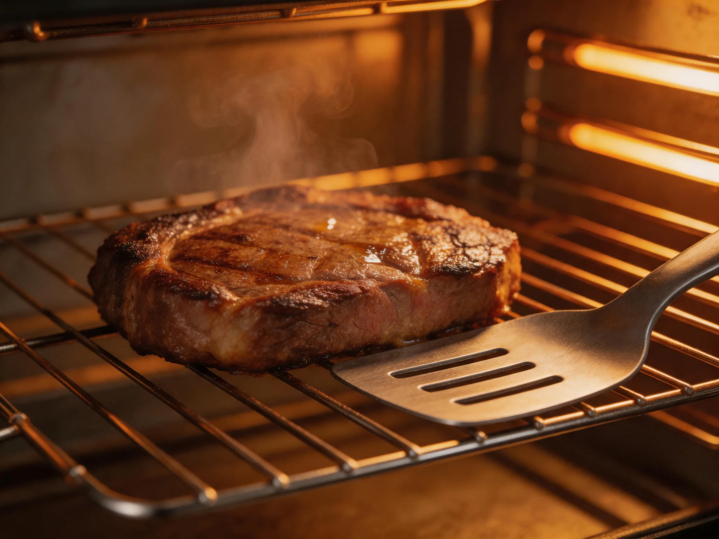 A grilled steak roasting in an oven with a metal spatula nearby
