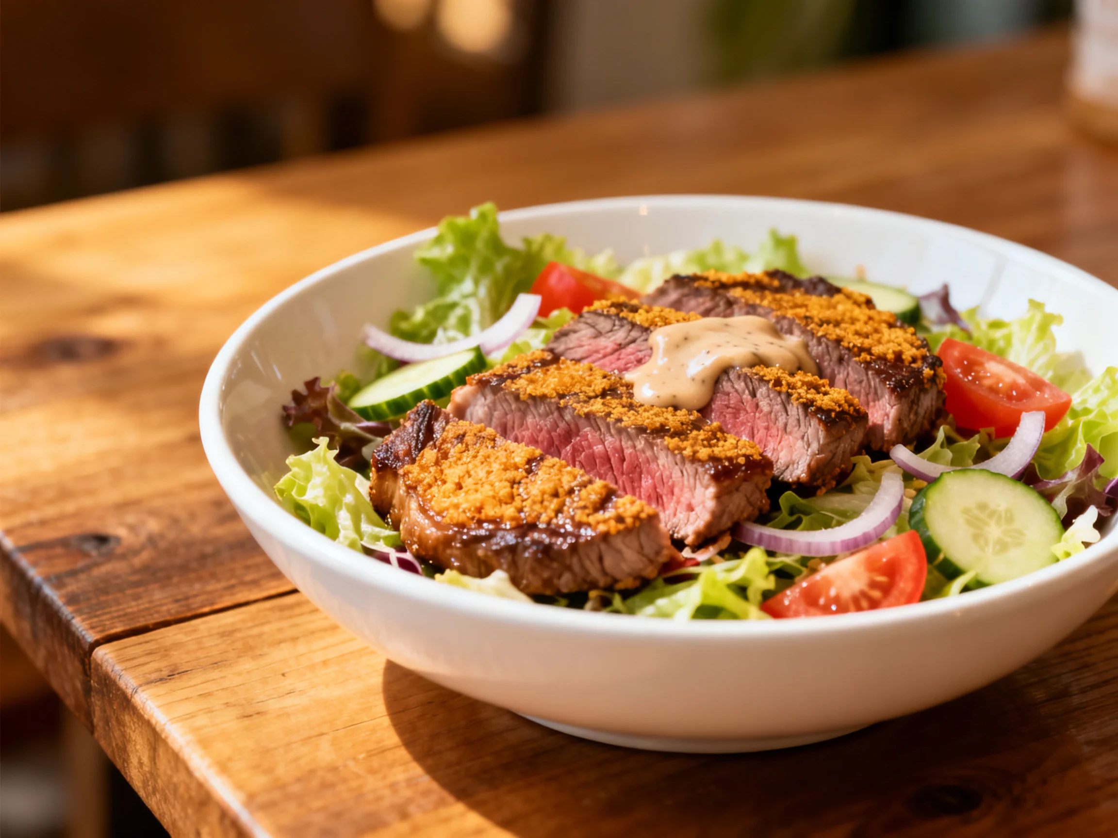 A grilled steak salad with mixed greens and veggies