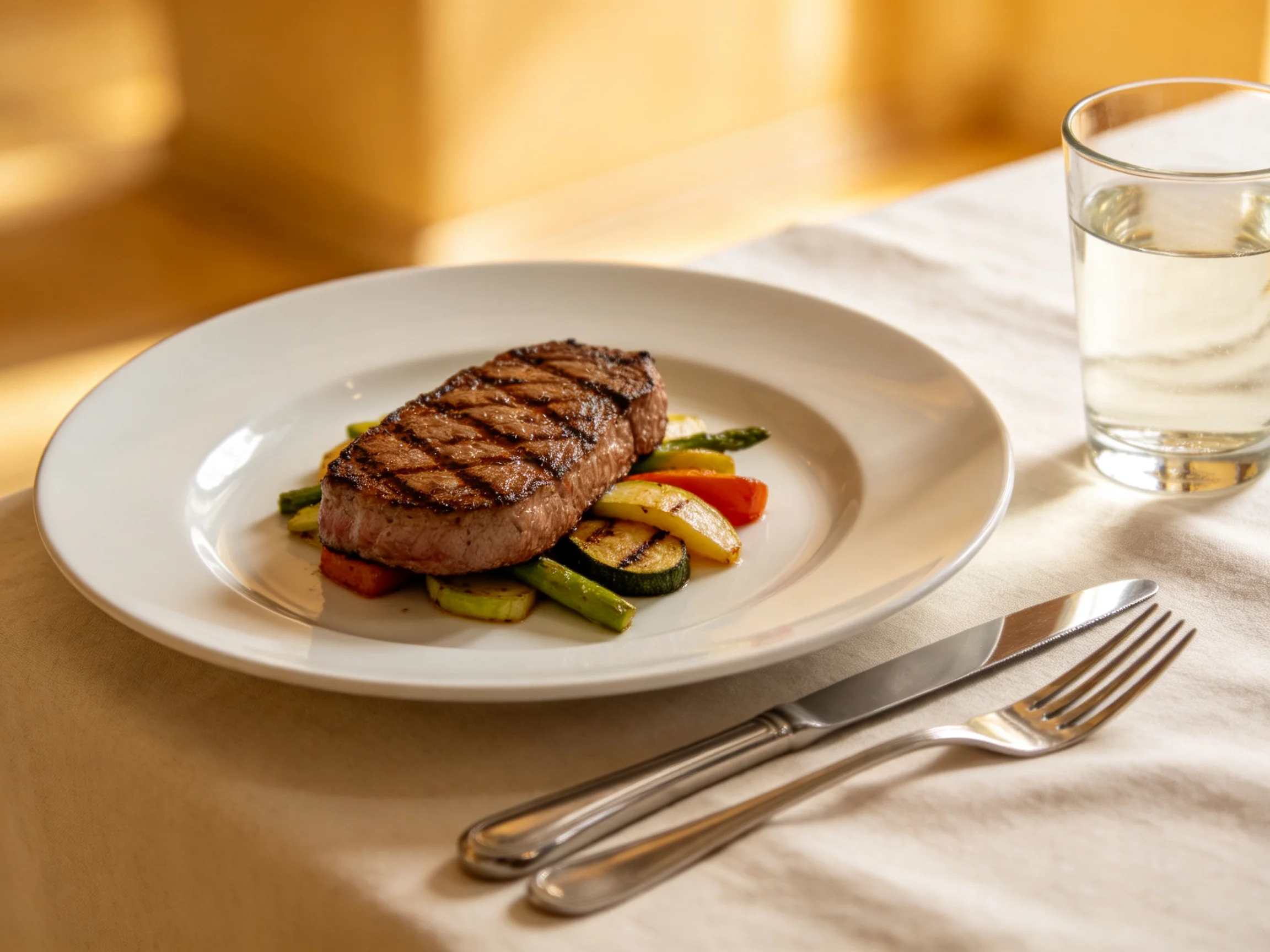 A grilled steak served atop mixed vegetables with water and silverware