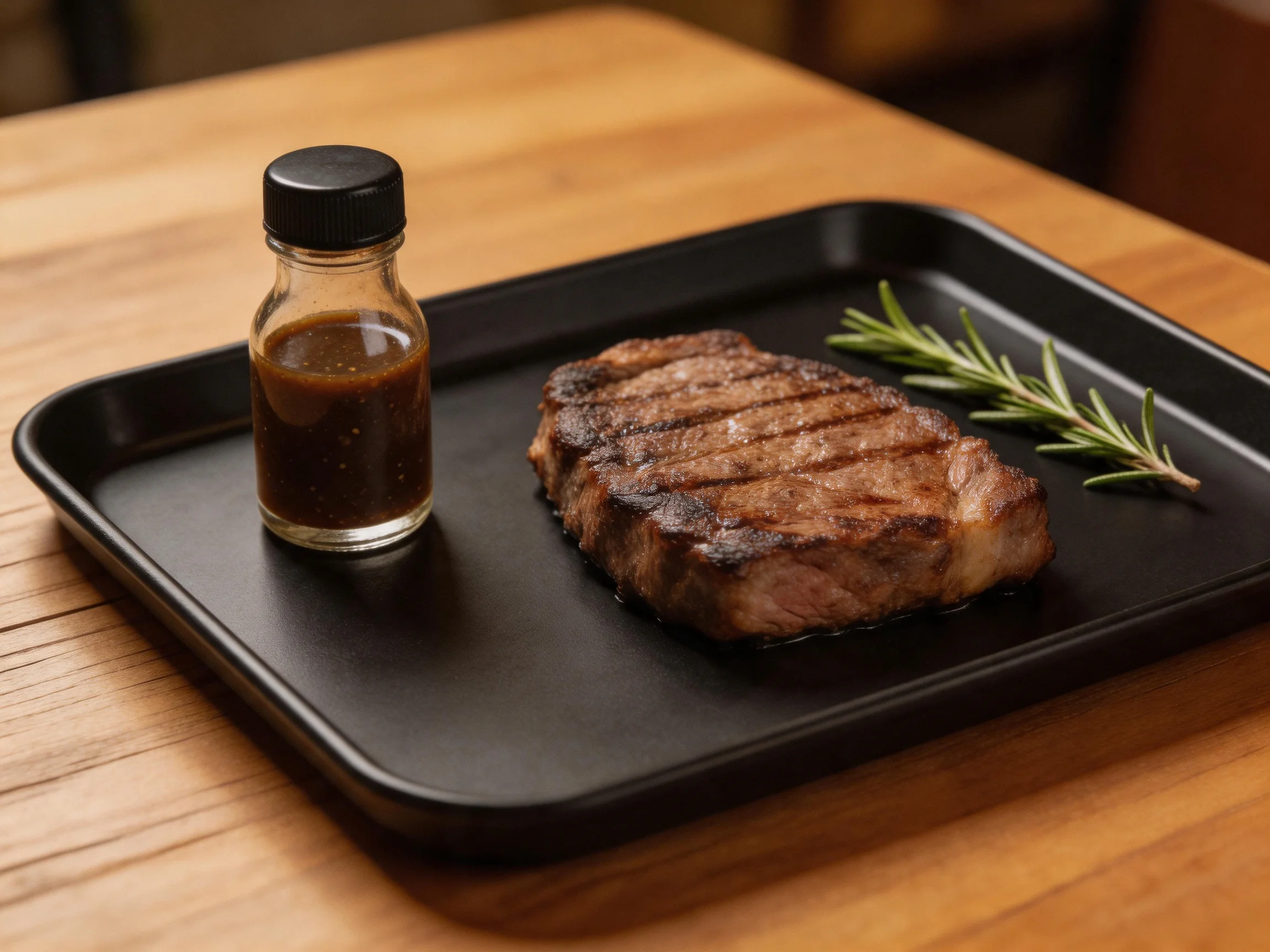 A grilled steak served on a black tray with rosemary and sauce