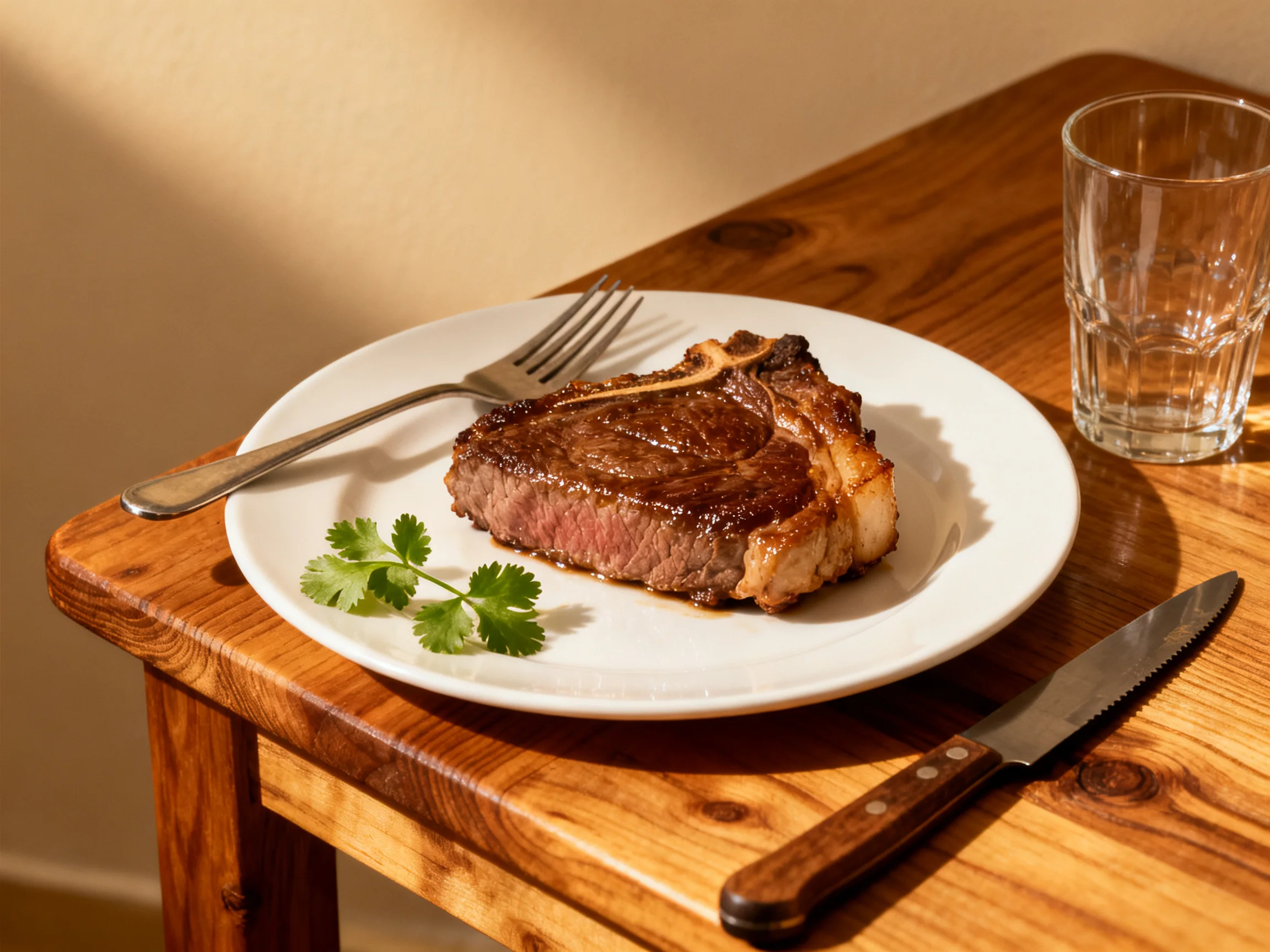 A grilled steak served on a white plate with utensils and a glass