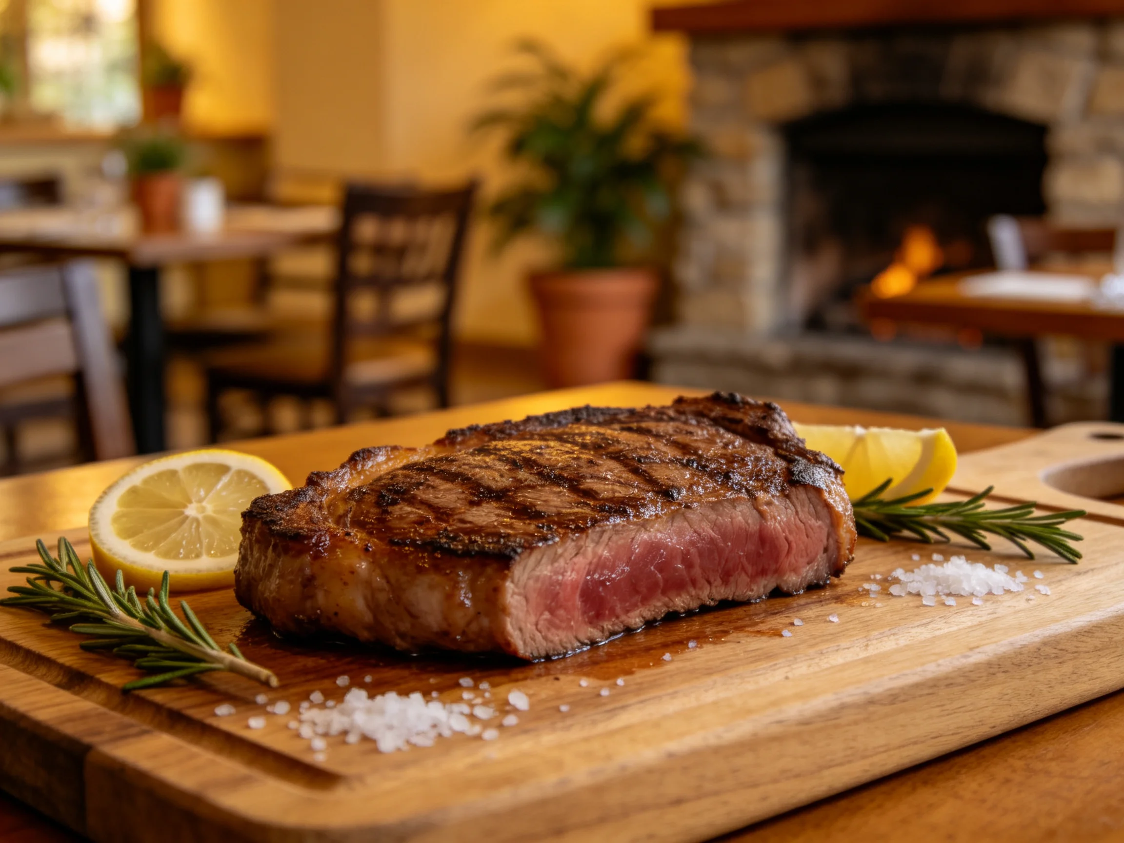 A grilled steak served on a wooden board with lemon and herbs