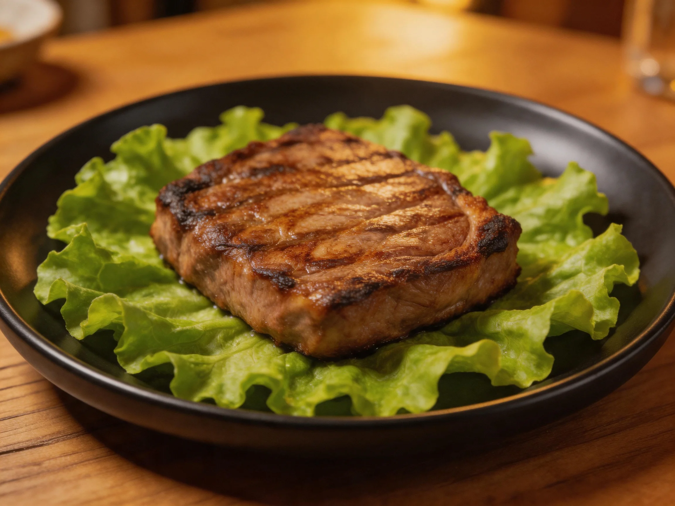 A grilled steak served on crisp green lettuce in a dark bowl