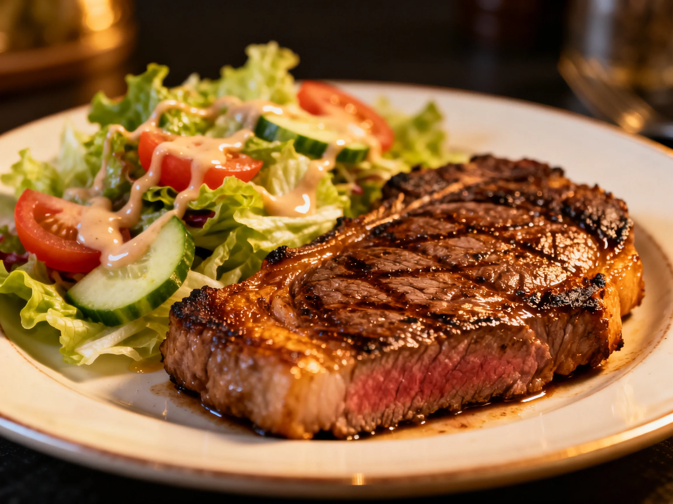 A grilled steak served with fresh mixed greens and tomato cucumber salad