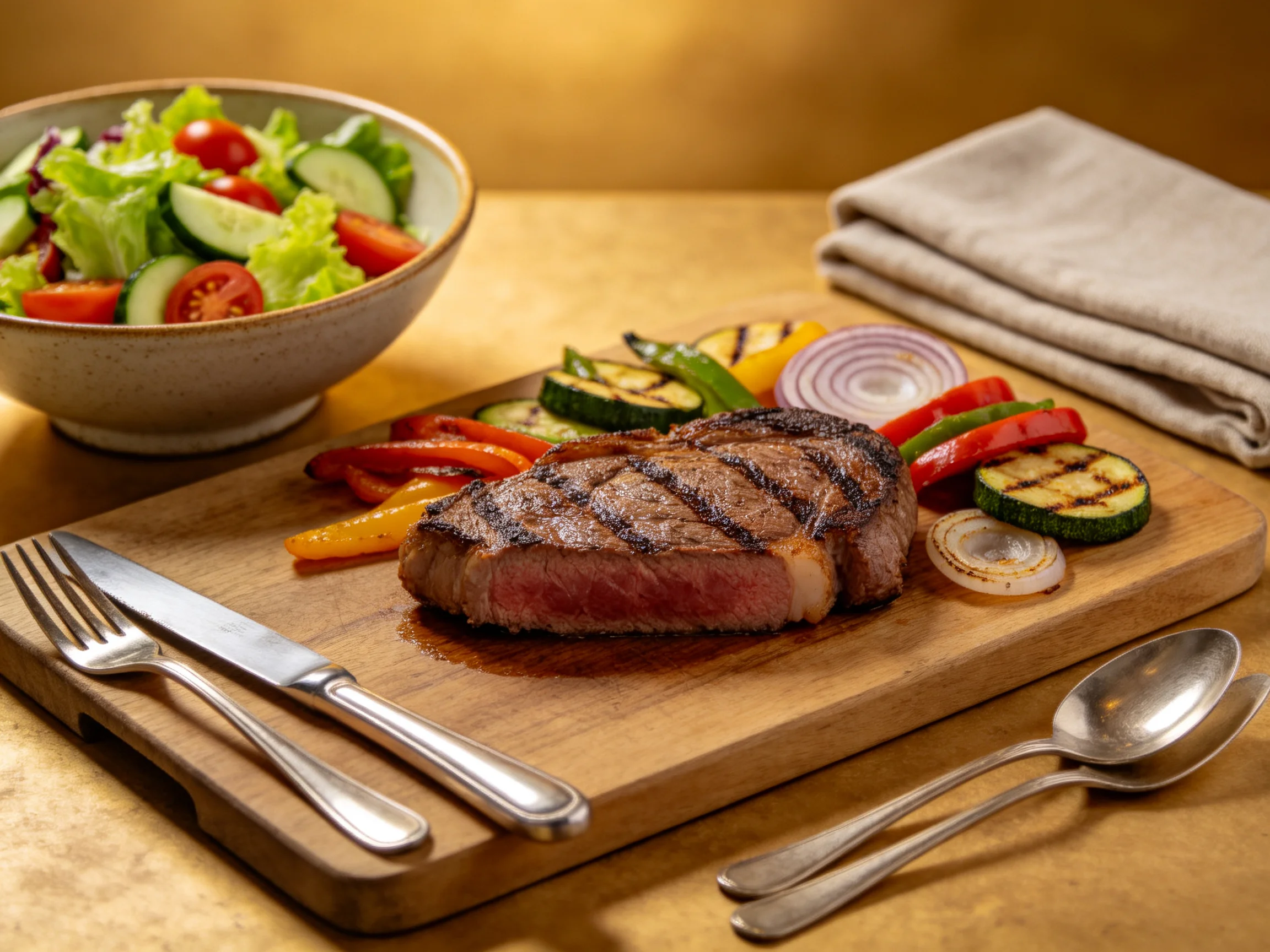 A grilled steak served with grilled veggies and fresh salad on a wooden board