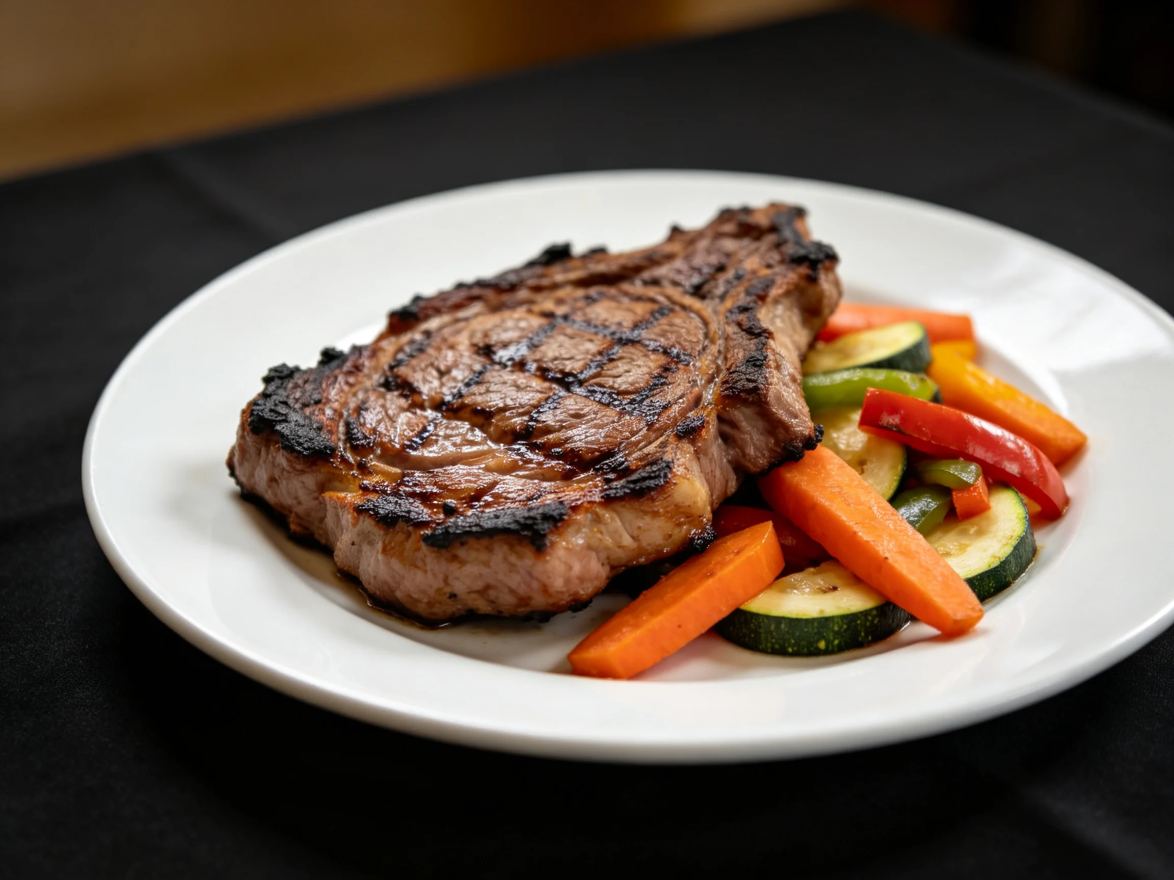 A grilled steak served with vibrant mixed vegetables