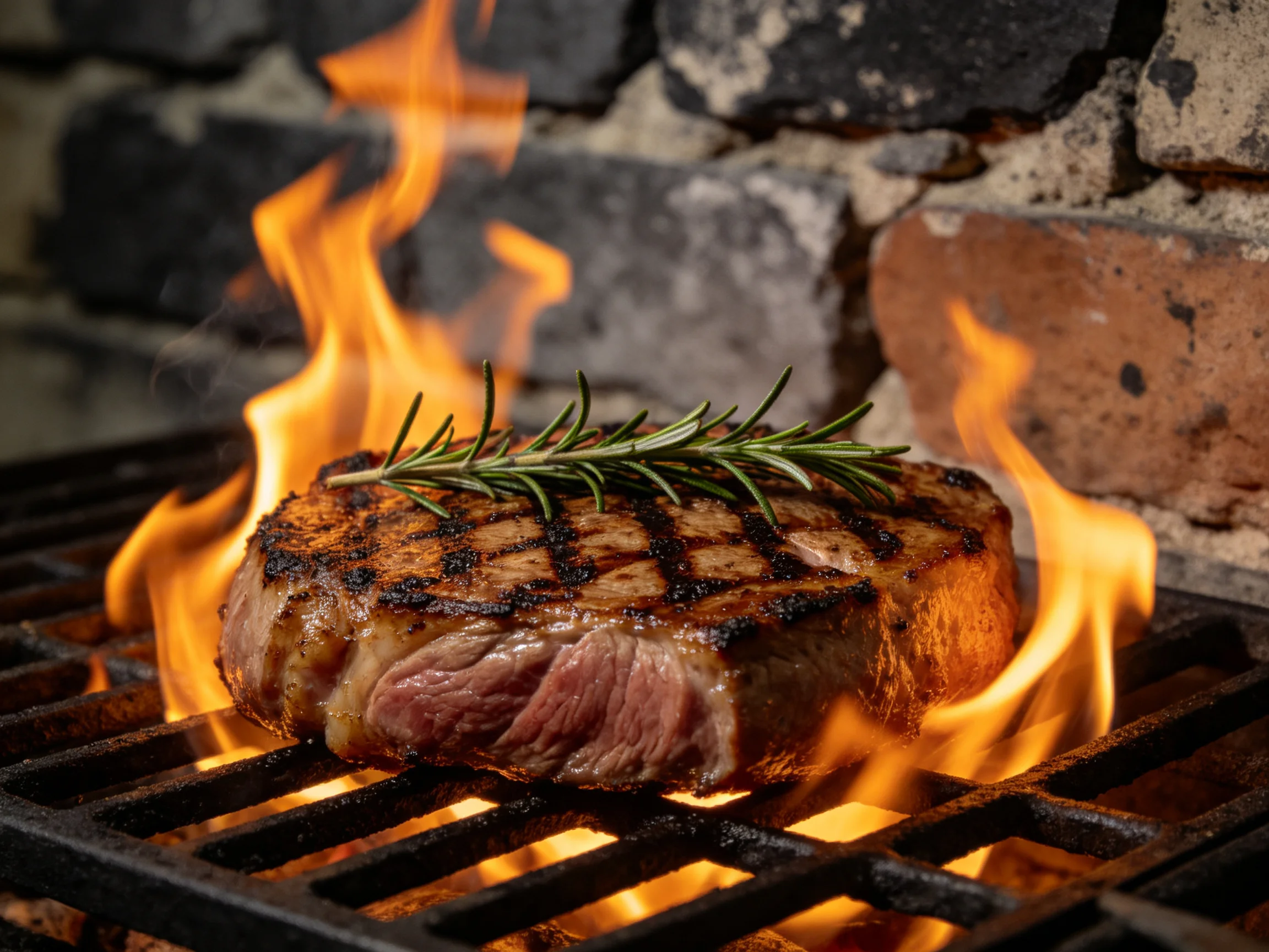 A grilled steak sizzles over open flames with fresh rosemary