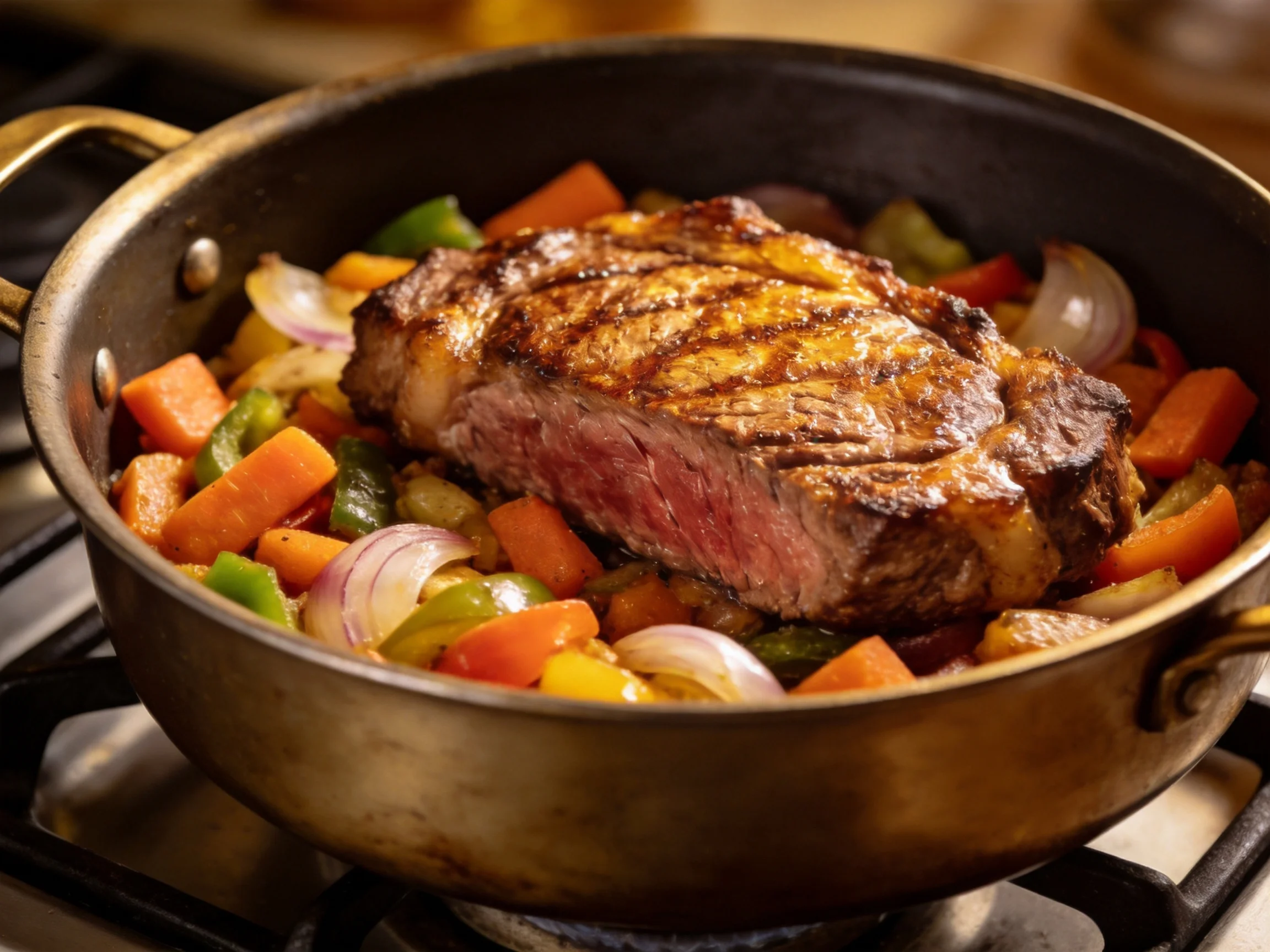 A grilled steak surrounded by colorful vegetables in a rustic cast iron pan