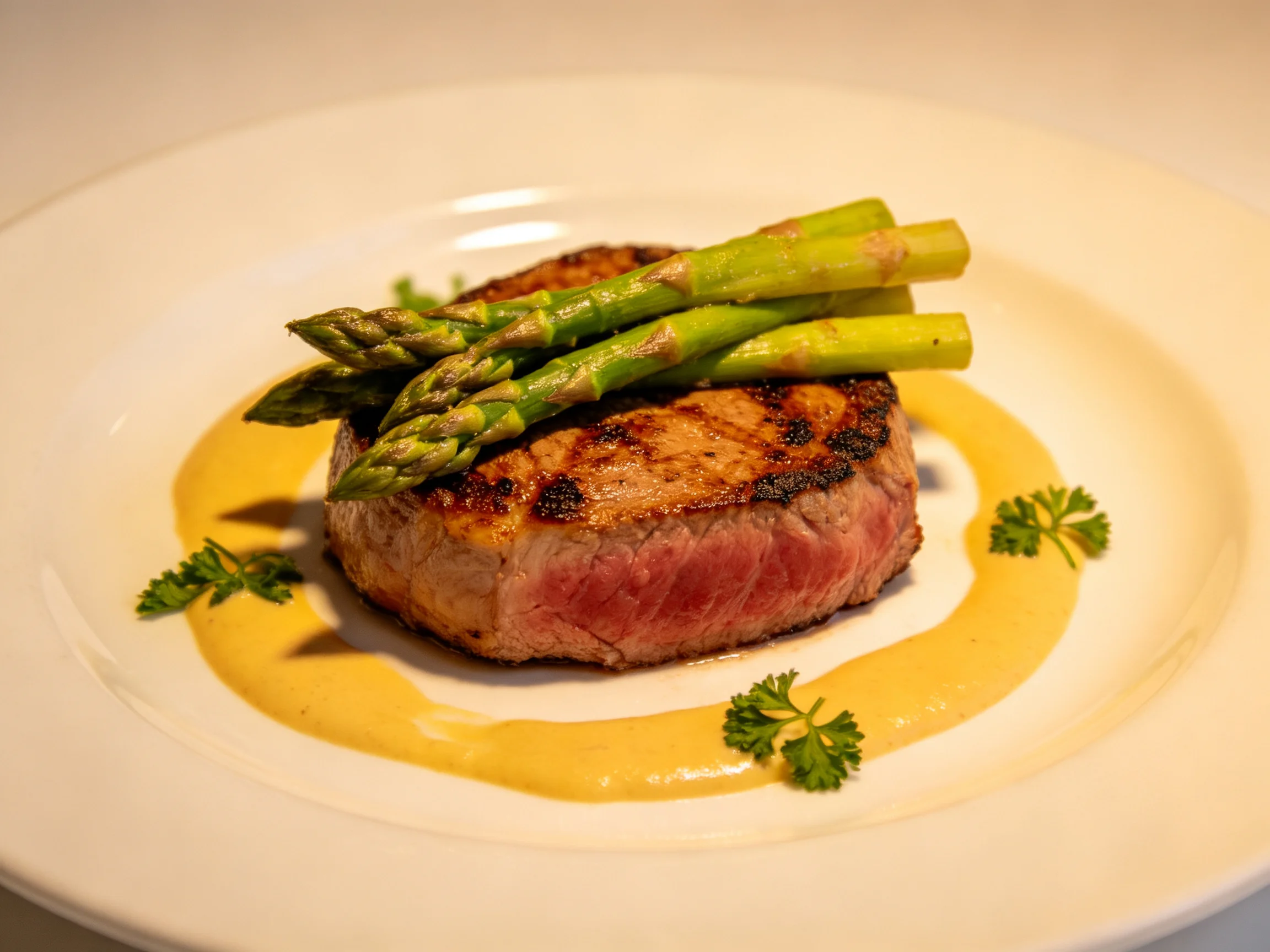 A grilled steak topped with asparagus on a white plate with yellow sauce