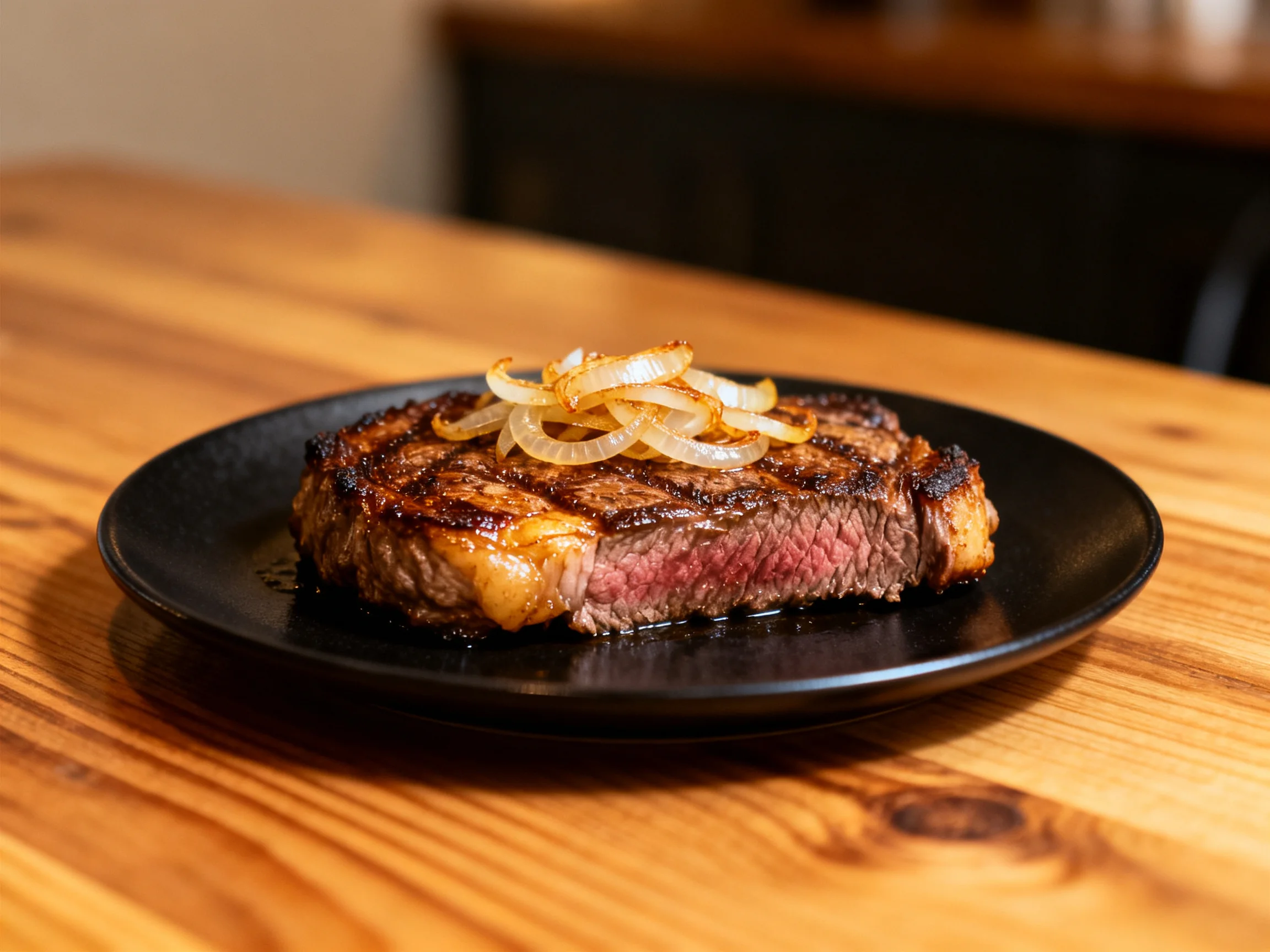 A grilled steak topped with caramelized onions on a black plate